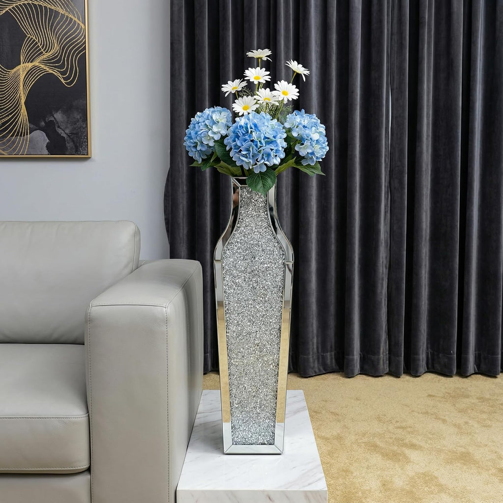 30' Large Double Sided Crushed Diamond Floor Vases,Tall Silver Mirrored Crystal Vase for Floor,Big Floor Vases Decorative Tall for Home,Office,Hotel(Silver,8.6' L x 5.3' W x 30' H)
