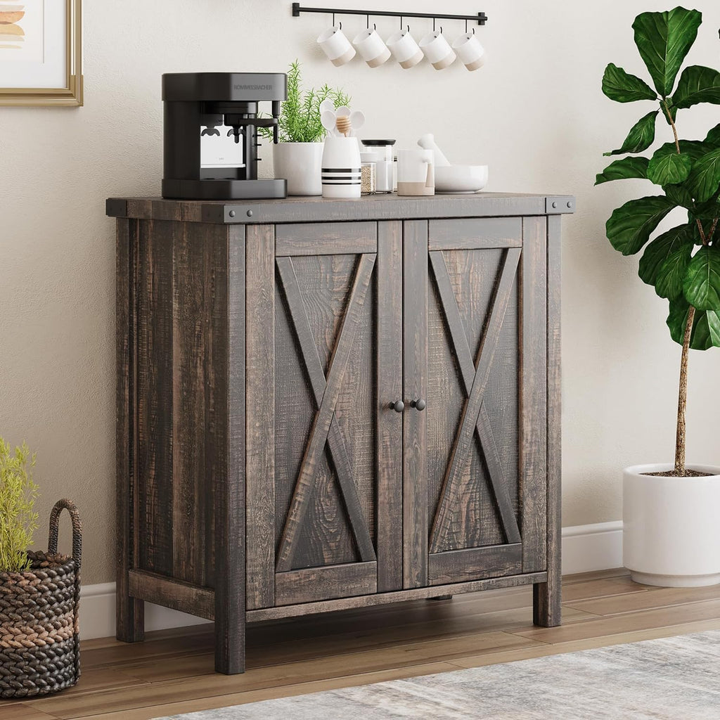 GarveeHome Small Storage Cabinet, Farmhouse Sideboard Buffet Cabinet with 2 Doors and Adjustable Shelves, Accent Entryway Console Cabinets for Living Room, Dining Room (Dark Oak, 2 Pieces)