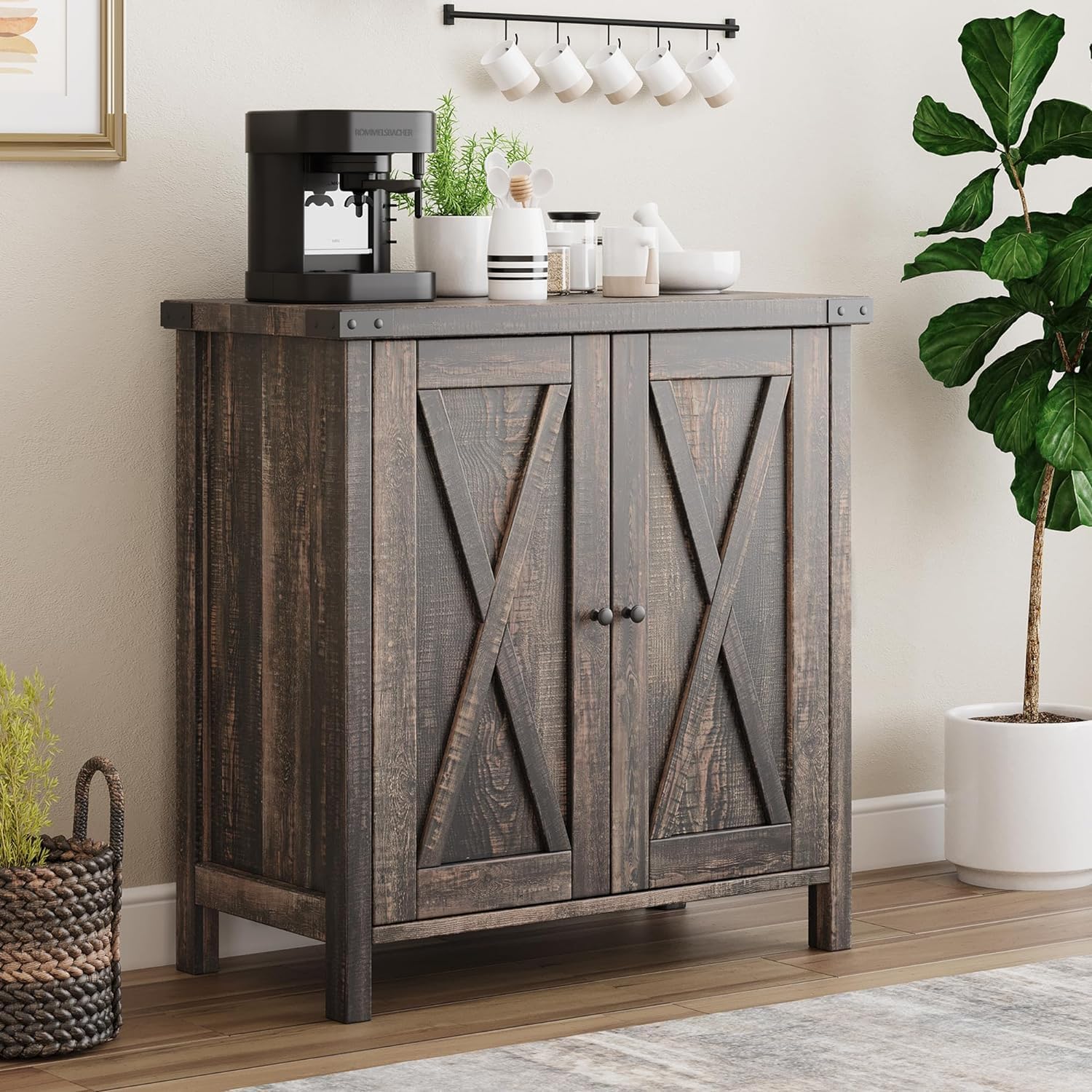 GarveeHome Small Storage Cabinet, Farmhouse Sideboard Buffet Cabinet with 2 Doors and Adjustable Shelves, Accent Entryway Console Cabinets for Living Room, Dining Room (Dark Oak, 2 Pieces)