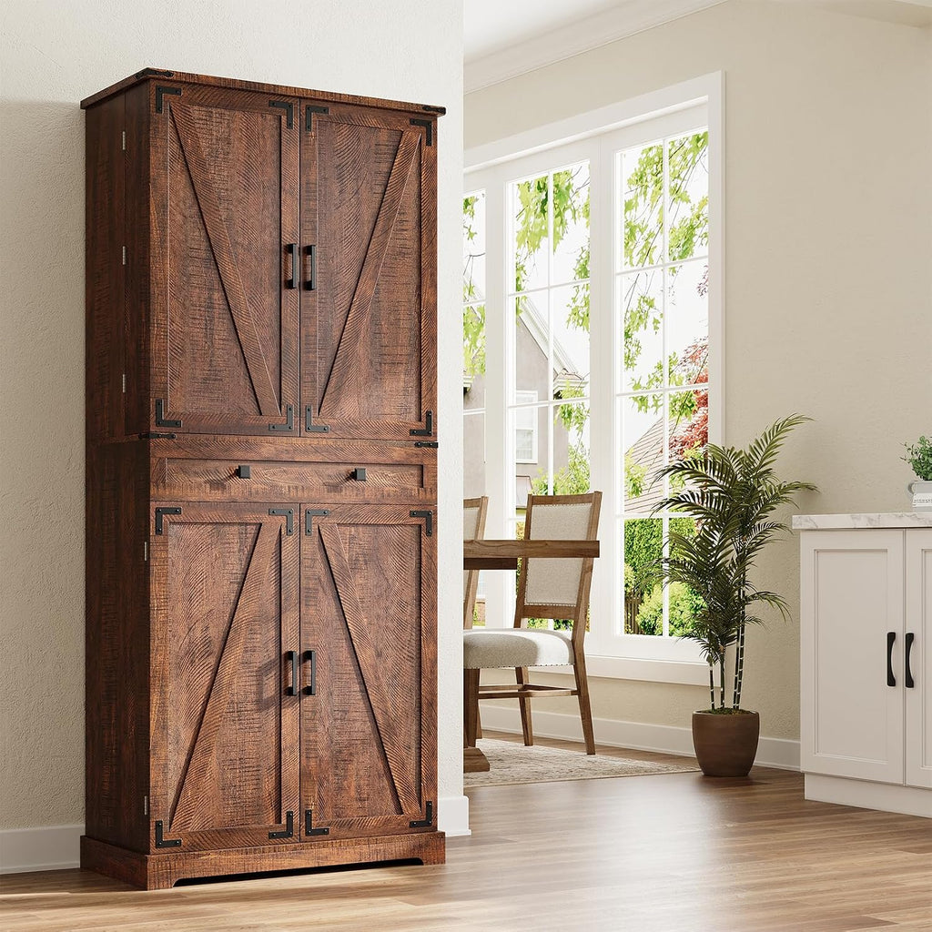 ELYKEN 72' Pantry Cabinet, Tall Kitchen Storage Cabinet with 3 Pull Out Shelves & 8 Door Shelves, Farmhouse Kitchen Pantry with Adjustable Shelf, Kitchen Hutch with Large Drawer, for Dining Room