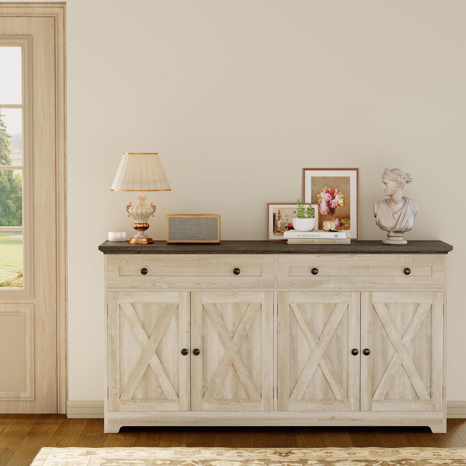 IRONCK Buffet Cabinet with Storage, Sideboard Storage Cabinet with Drawers, Coffee Bar Cabinet, Kitchen Cabinet with Doors, Charcoal Grey and Beige Maple