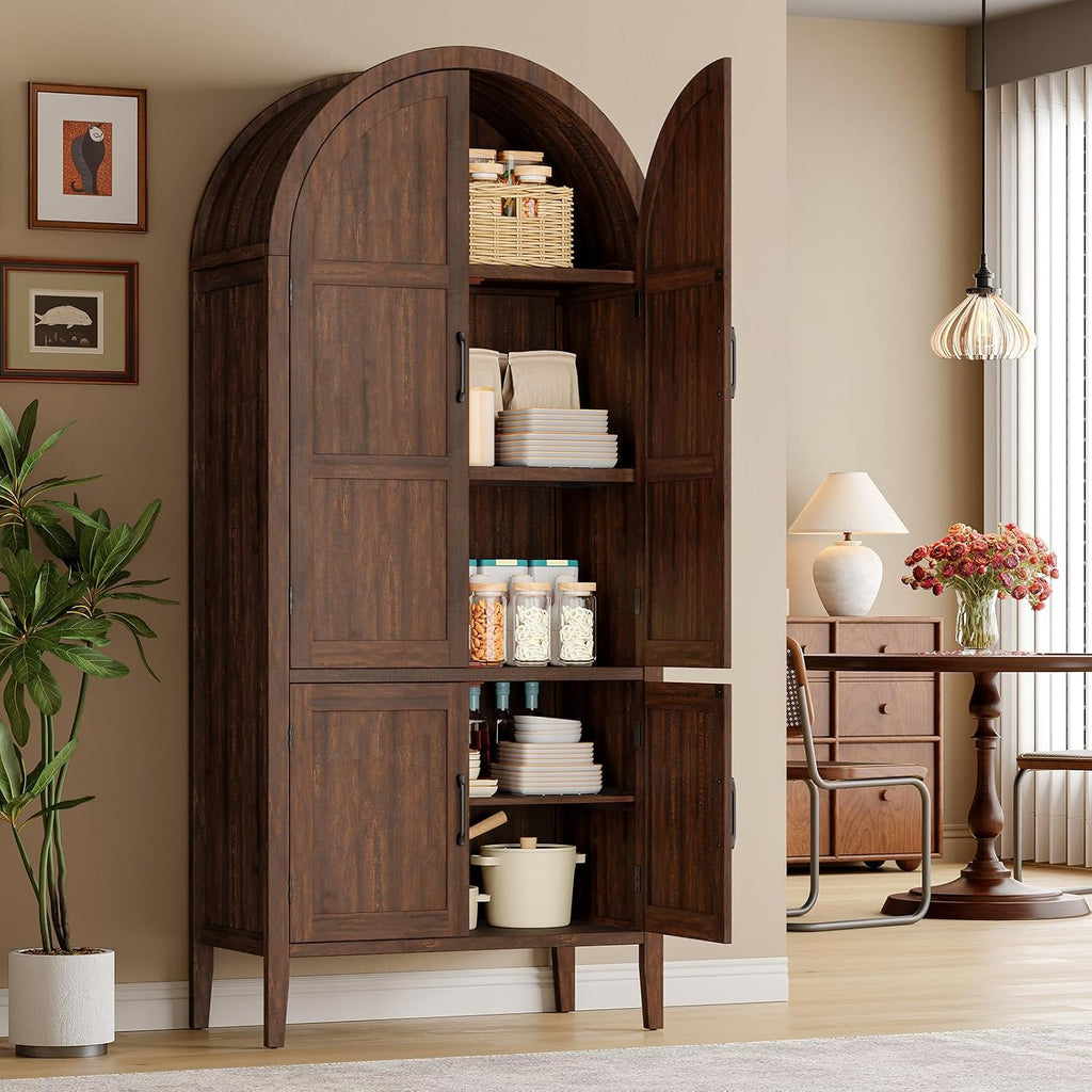 ONBRILL 71' Tall Wooden Arched Cabinet, 5-Tier Arched Kitchen Pantry Cabinet with Doors & Shelves, Farmhouse Kitchen Arch Cabinets with Adjustable Feet, Wooden Pantry Storage for Dining Room(Brown)