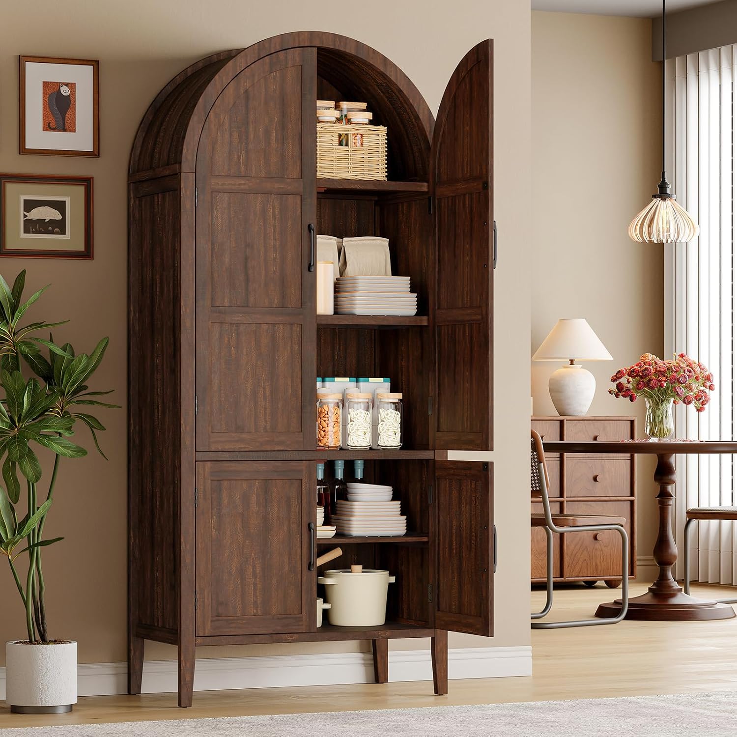 ONBRILL 71' Tall Wooden Arched Cabinet, 5-Tier Arched Kitchen Pantry Cabinet with Doors & Shelves, Farmhouse Kitchen Arch Cabinets with Adjustable Feet, Wooden Pantry Storage for Dining Room(Brown)