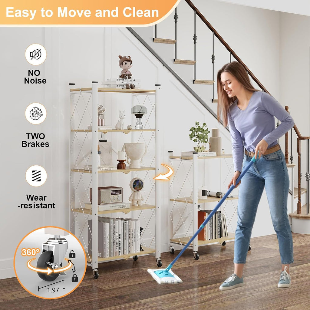 5-Tier Foldable Storage Shelves with Wheels | Portable Structure, Suitable for kitchen, bedroom, living room, bathroom, garage, wood grain transfer, 59*26*13in