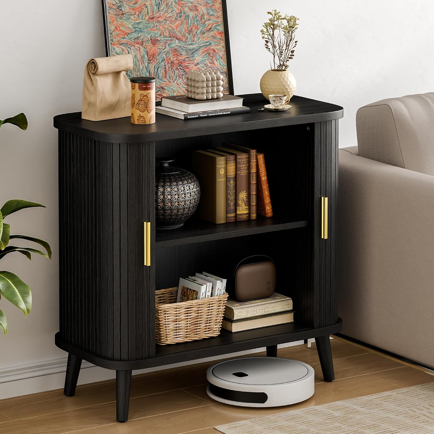 Lulive Black Buffet Cabinet, Sideboard Buffet Storage Cabinet with Sliding Doors, Modern Bar Cabinet for Kitchen & Dining Room