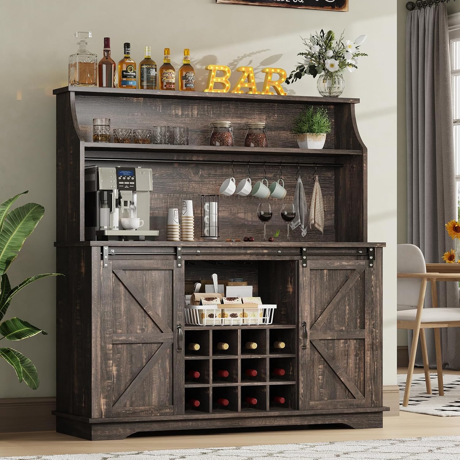 55 Inch Farmhouse Coffee Bar Cabinet with 3-Tier Enclosed Storage Cabinet, Kitchen Hutch with 12 Wine Racks & 3 Glass Holders, Coffee Bar with 6 Hooks, Wood Furniture for Dining Living Room, Oak