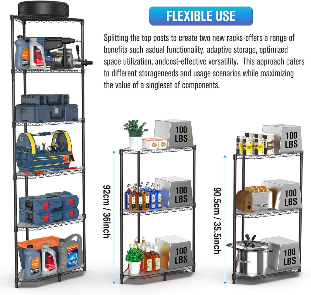 6 Tier NSF Corner Wire Shelf Shelving Unit, 20 x 20 x 72 Inch 600lbs Capacity Heavy Duty Adjustable Metal Storage Rack with Leveling Feet & Shelf Liners for Office Kitchen Bathroom and More - Black