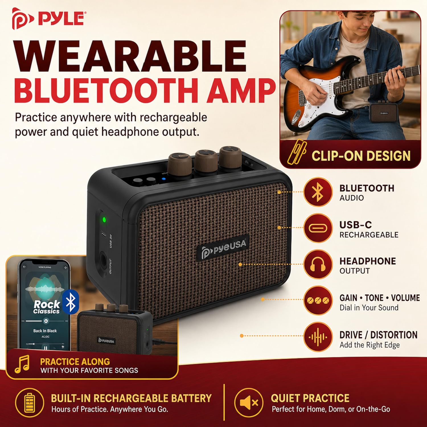 Pyle Electric Guitar and Amp Kit - Full Size 39' Complete Starter Kit with Wearable Bluetooth Amplifier, 1/4' Cable, Carry Case, Strap, Strings, Picks, Cleaning Cloth, ST-Style Pickups (Sun Burst)