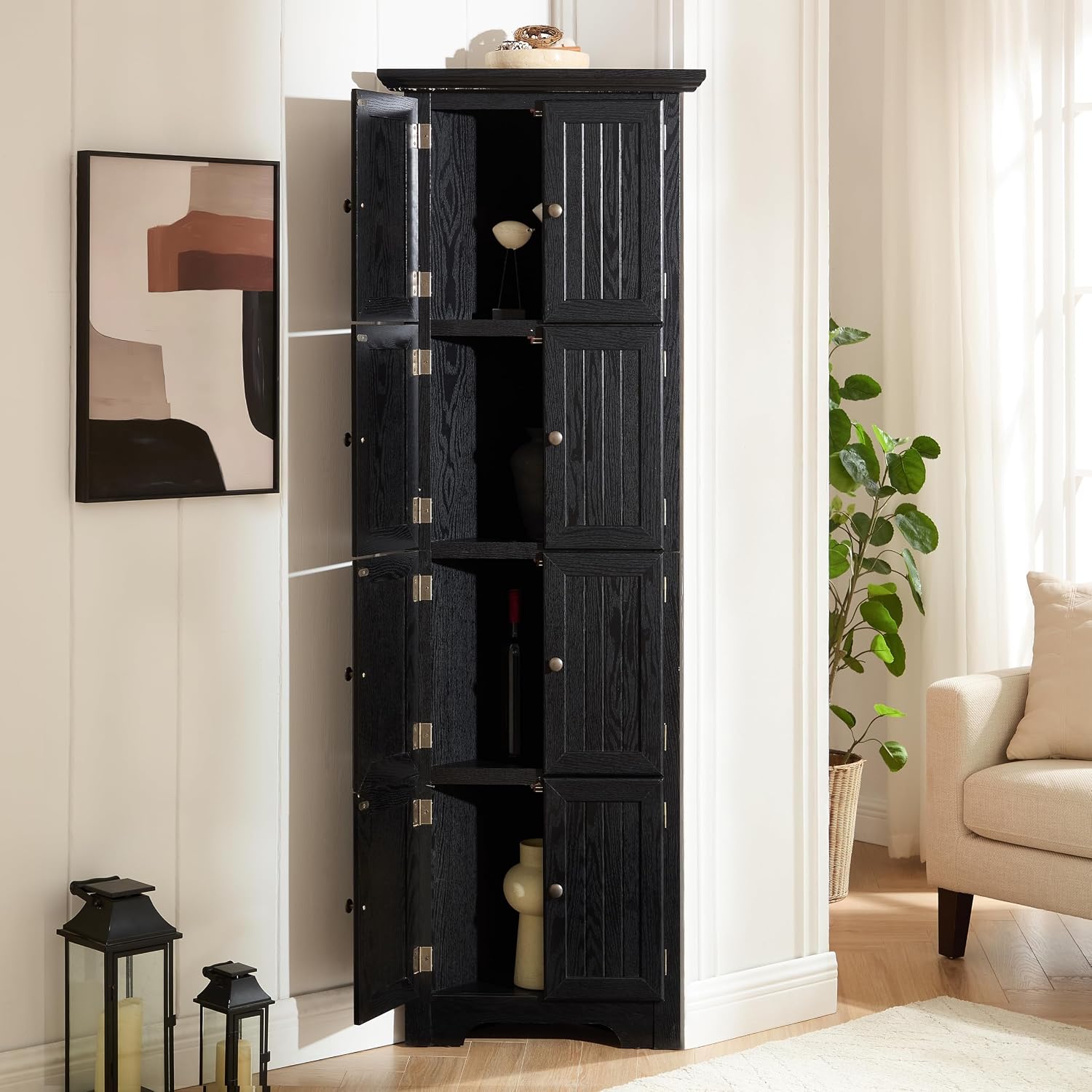 72' Corner Design Freestanding Storage Cabinet, Kitchen Storage Bakers Rack with Sleek Metal Handles, Utility Food Cupboard with 4-Tier Shelves for Kitchen, Bathroom, Living Room, Black