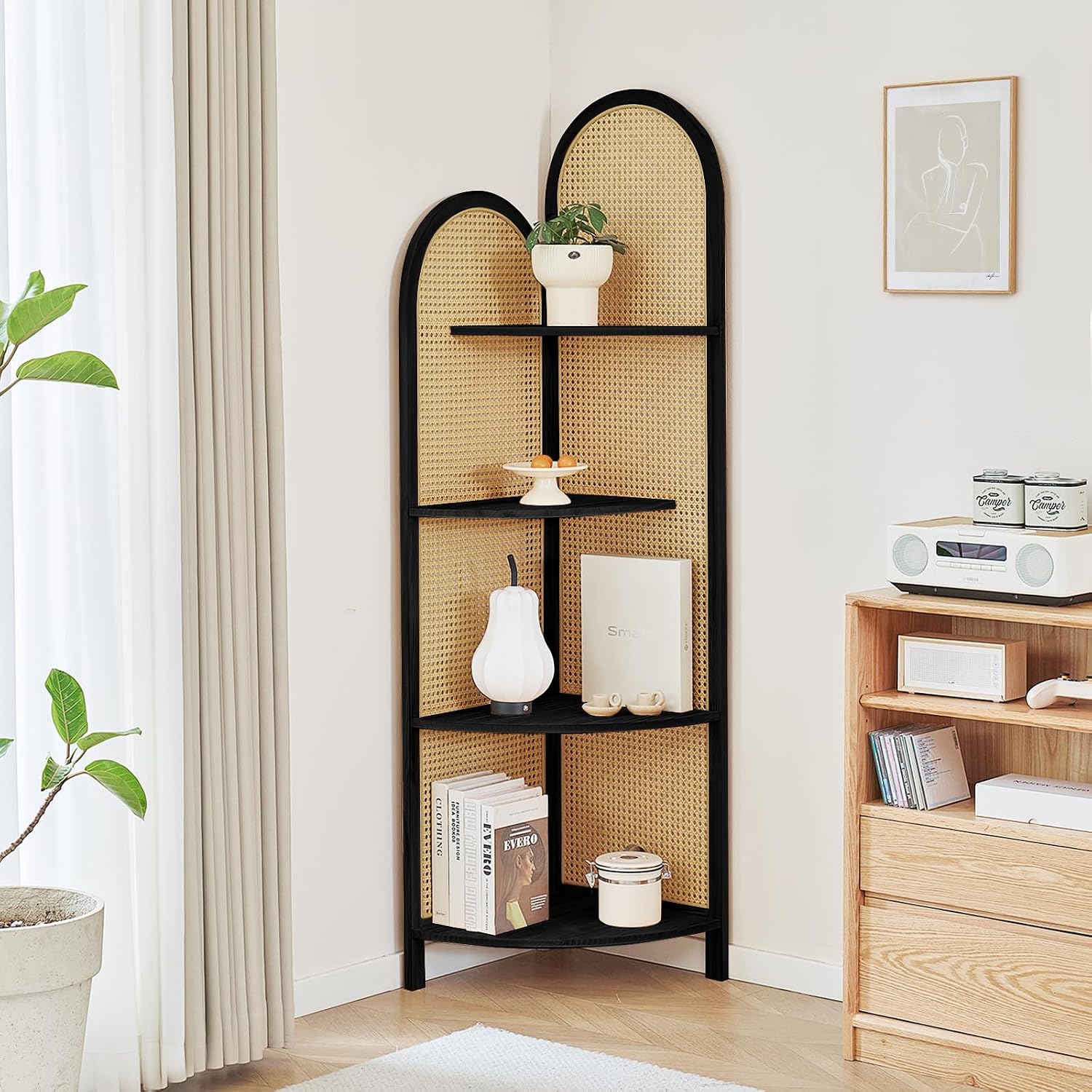 Corner Shelf Stand 4-Tier 70' Corner Shelves Display Shelf Pine Wood Frame with Rattan Wall Corner Bookshelf Multi Unit Organizer Rack with Legs for Living Room Decor,Small Space (Black)