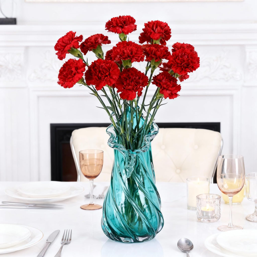 Hand Blown Blue Large Glass Vase Set - Artistic Clear Blue Vase for Coastal & Modern Home Decor, Ocean Wave Vase Design Light Luxury Style for Home Decor, Centerpiece, Office (L)