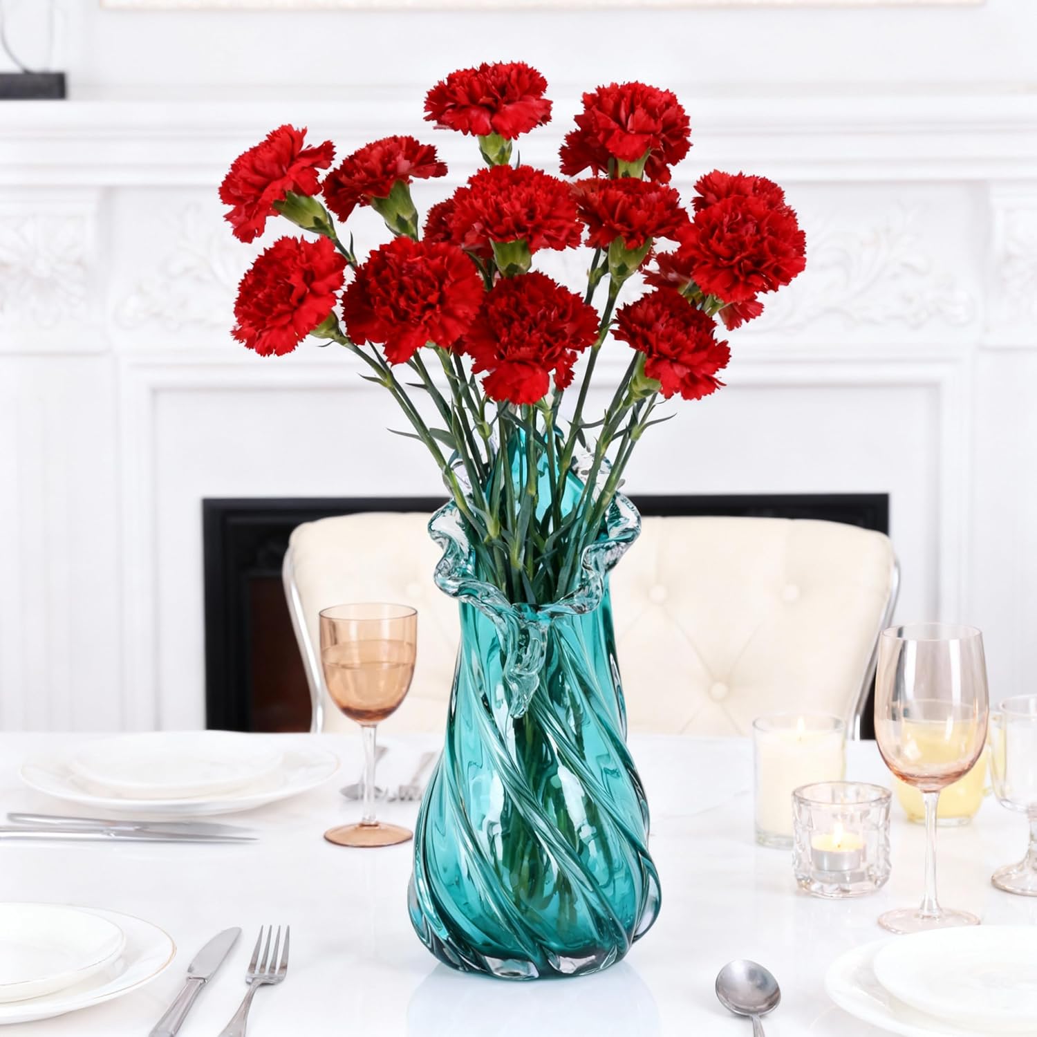 Hand Blown Blue Large Glass Vase Set - Artistic Clear Blue Vase for Coastal & Modern Home Decor, Ocean Wave Vase Design Light Luxury Style for Home Decor, Centerpiece, Office (L)