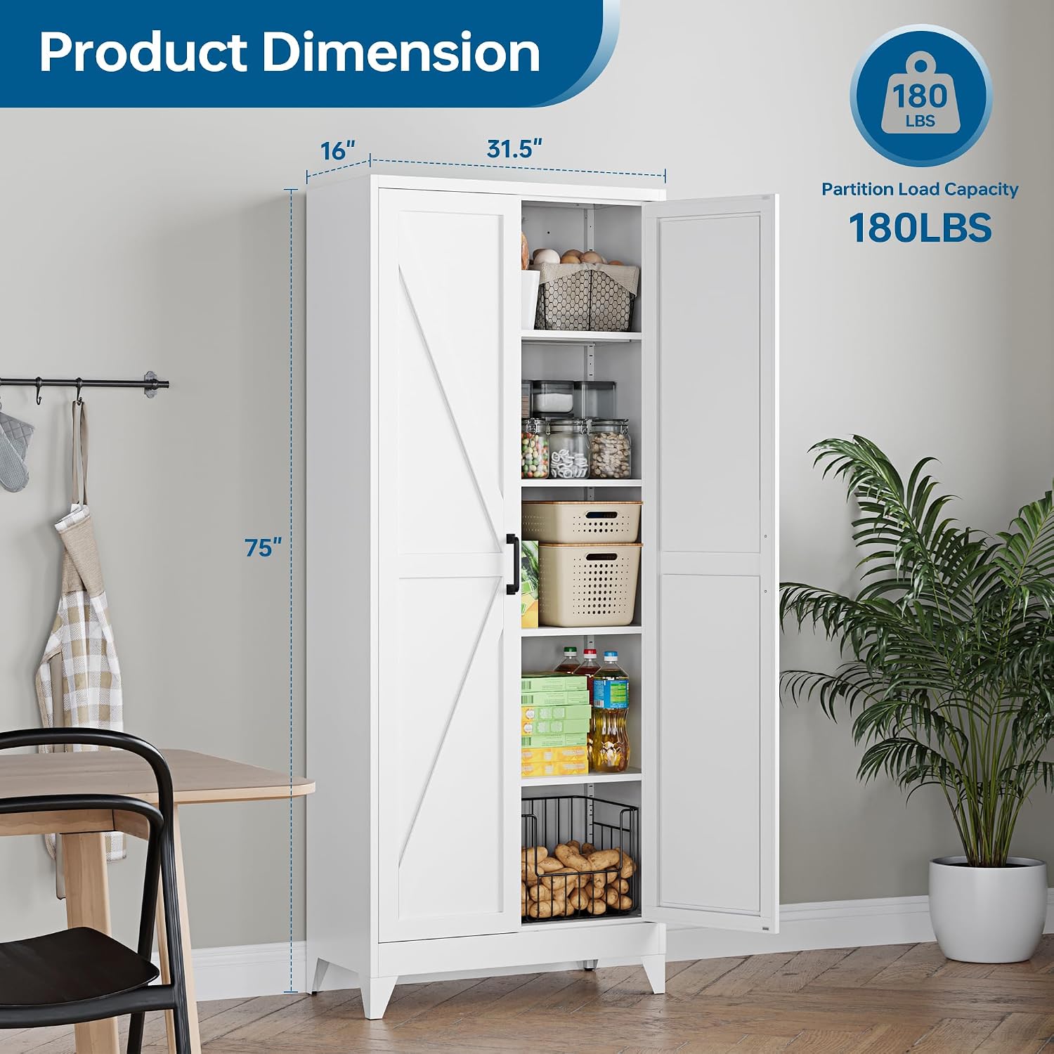 PEUKC 75' Farmhouse Metal Storage Cabinet with Doors and 4 Adjustable Shelves, Large Pantry Organizer for Kitchen, Dining Room, and Living Room,Assemble Require(White)