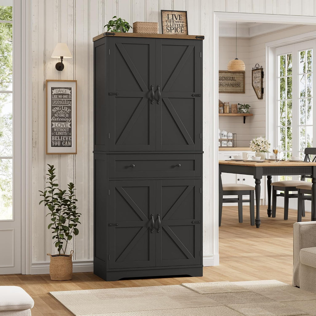 HOSTACK 71' Tall Pantry Cabinet, Farmhouse Kitchen Pantry with Storage Shelves, Barn Doors Food Storage Cabinet, Freestanding Kitchen Hutch with Large Drawer for Dining Room, Living Room, Black