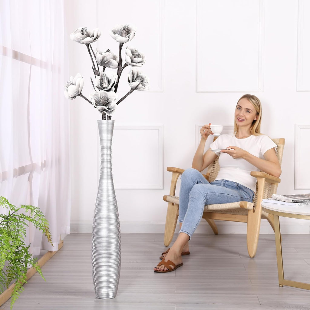 Leewadee Decorative Tall Floor Vase for Living Room Decor, 34 inches, Silver, Resin