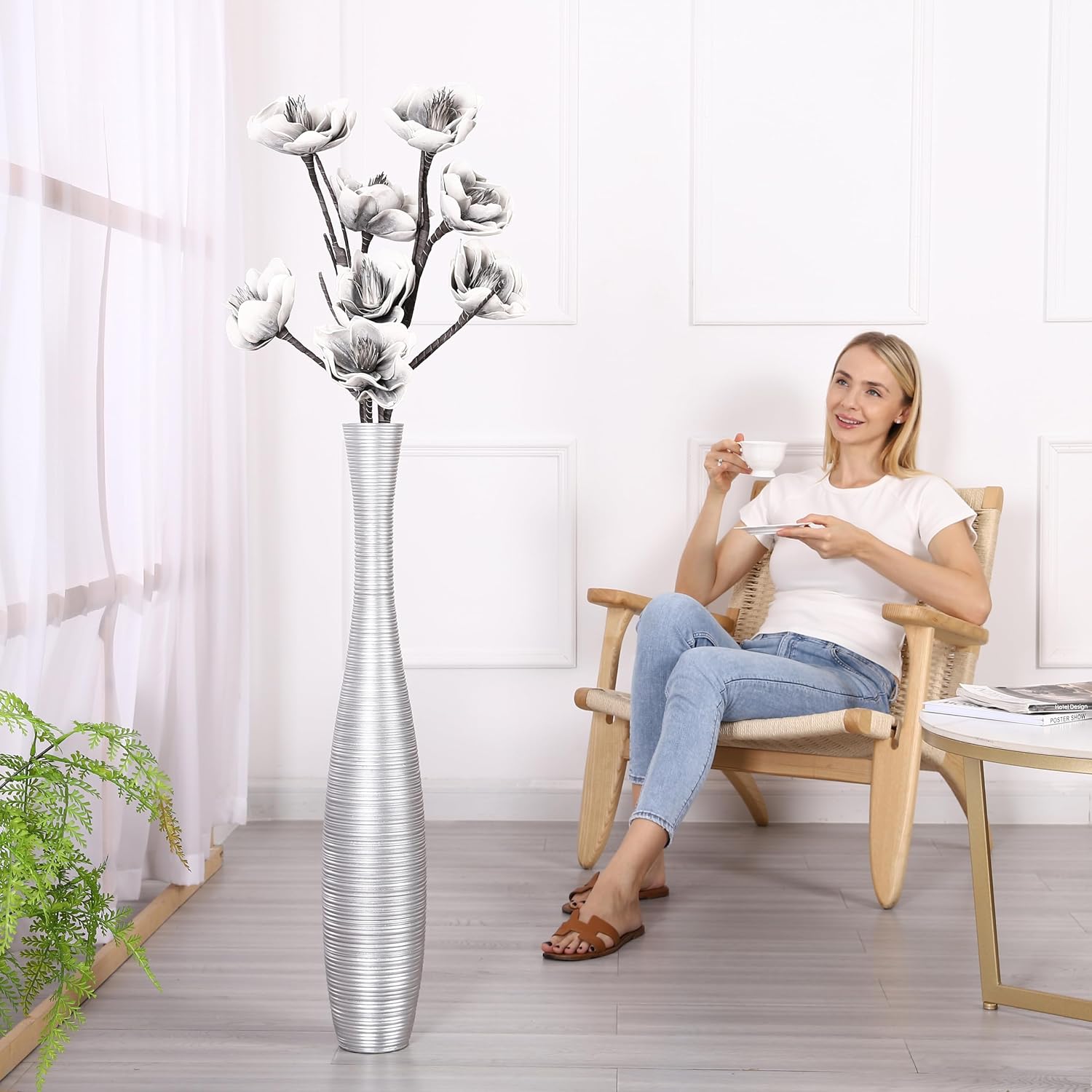Leewadee Decorative Tall Floor Vase for Living Room Decor, 34 inches, Silver, Resin