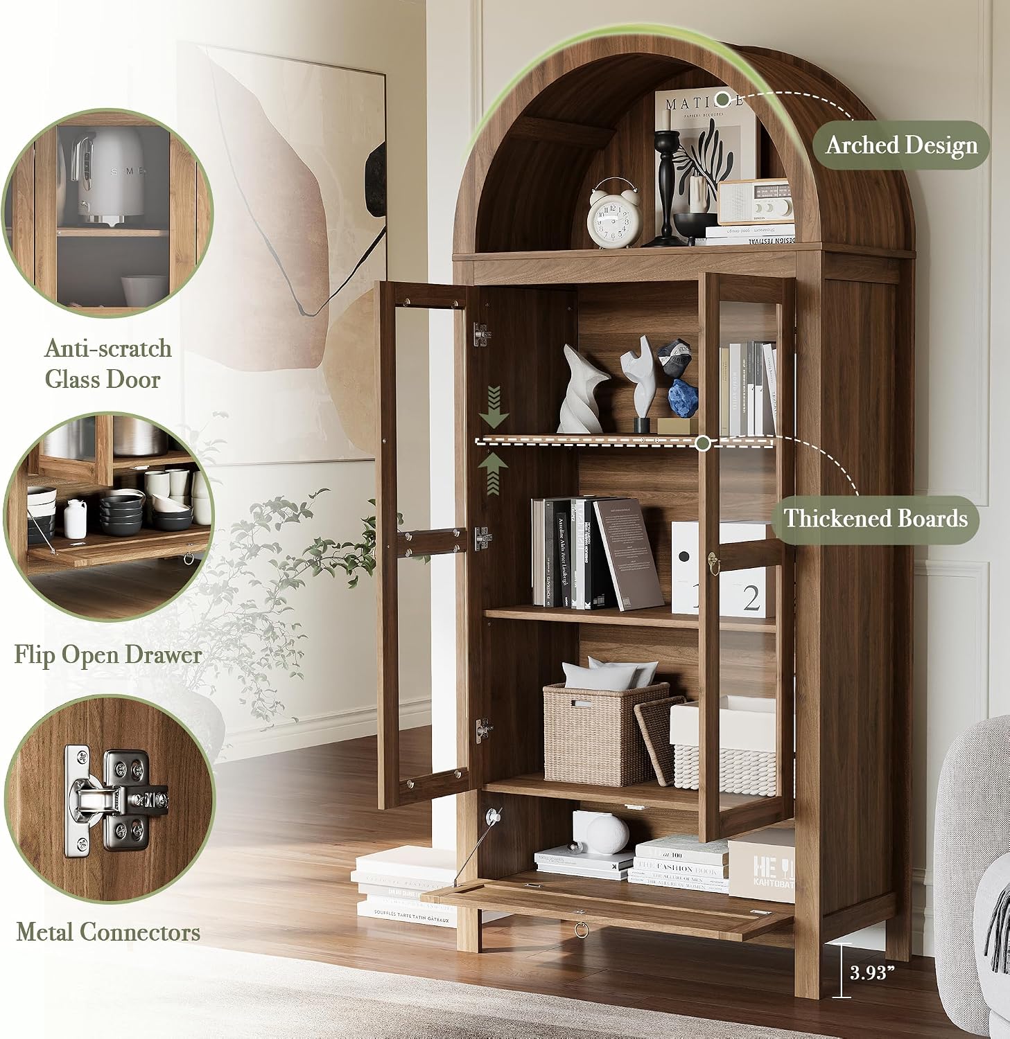 71' Tall Arched Kitchen Pantry Cabinet, Modern Farmhouse Hutch Storage Cabinets with Large Drawer and Glass Doors for Kitchen, Dining Room, Living Room, Natural