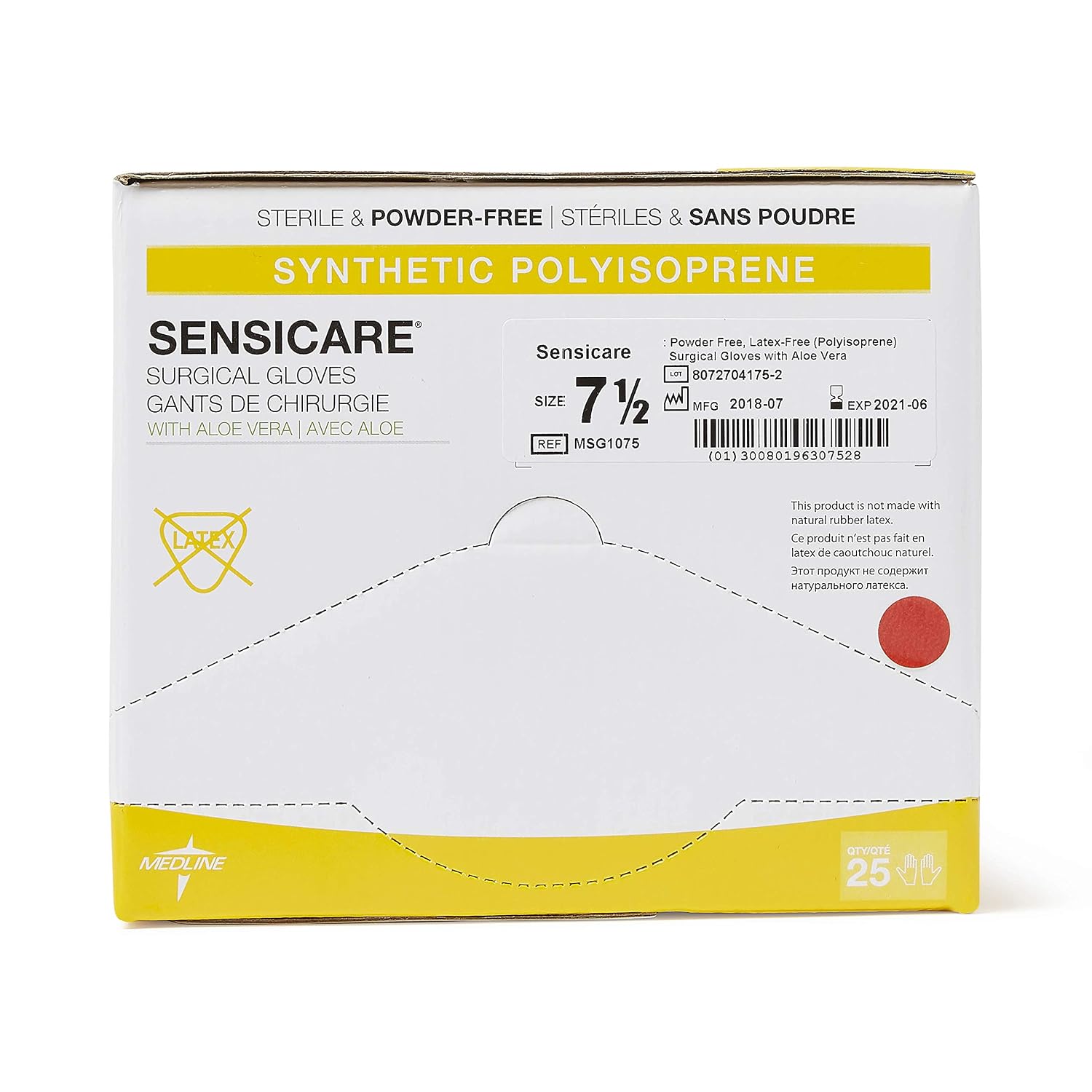 Medline SensiCare with Aloe Sterile Powder and Latex-Free Surgical Glove, Size 7.5, White (Pack of 100)