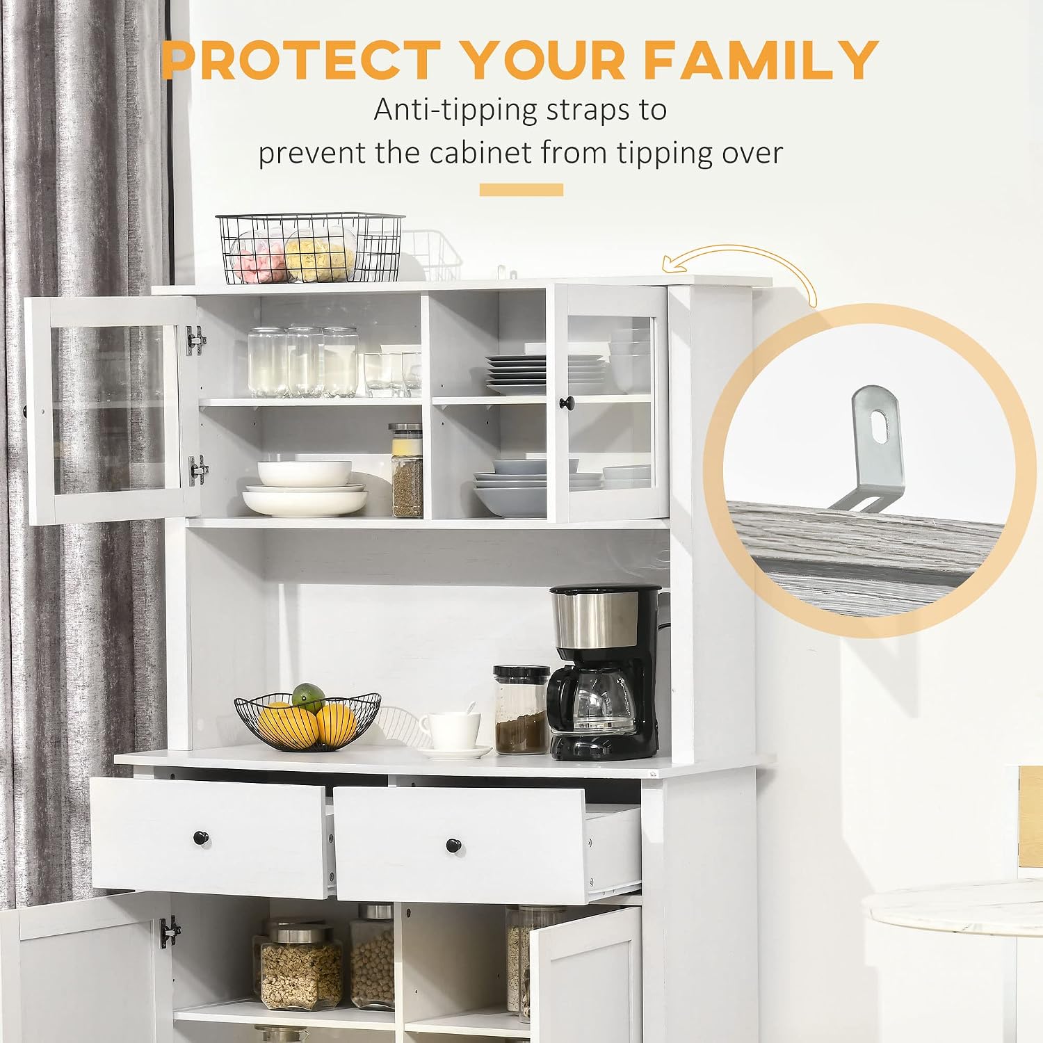 HOMCOM 63.5' Kitchen Buffet with Hutch, Pantry Storage Cabinet with 4 Shelves, Drawers, Framed Glass Doors, Open Microwave Countertop, Antique White