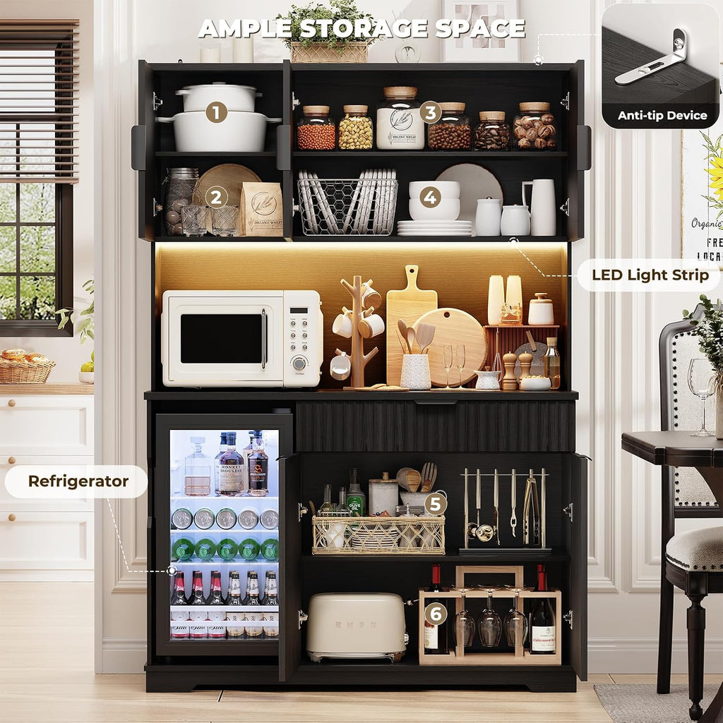 69' Kitchen Pantry with Fridge (Fridge Included), Fluted Coffee Bar Cabinet with LED Lights & Outlets, Tall Wine Bar Cabinet with Drawer & Storage Hutch for Living Room, Dining Room, Black