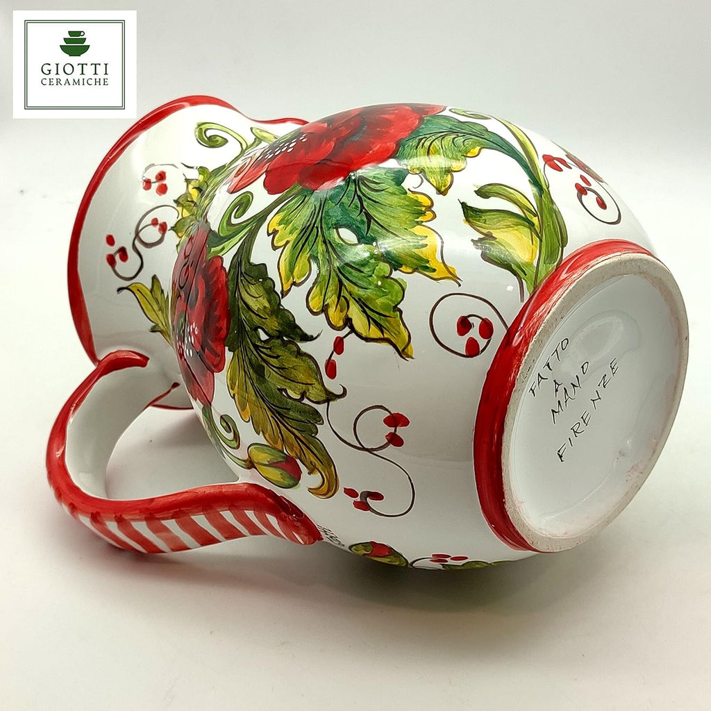 Italian Ceramic Pitcher Poppies Sanflower - 33 oz Hand Painted Utensil Holder Or Carafe Design for Kitchen - Made in ITALY Tuscany - Italian Pottery Vase Jar for Wine - Home Decor Ceramics