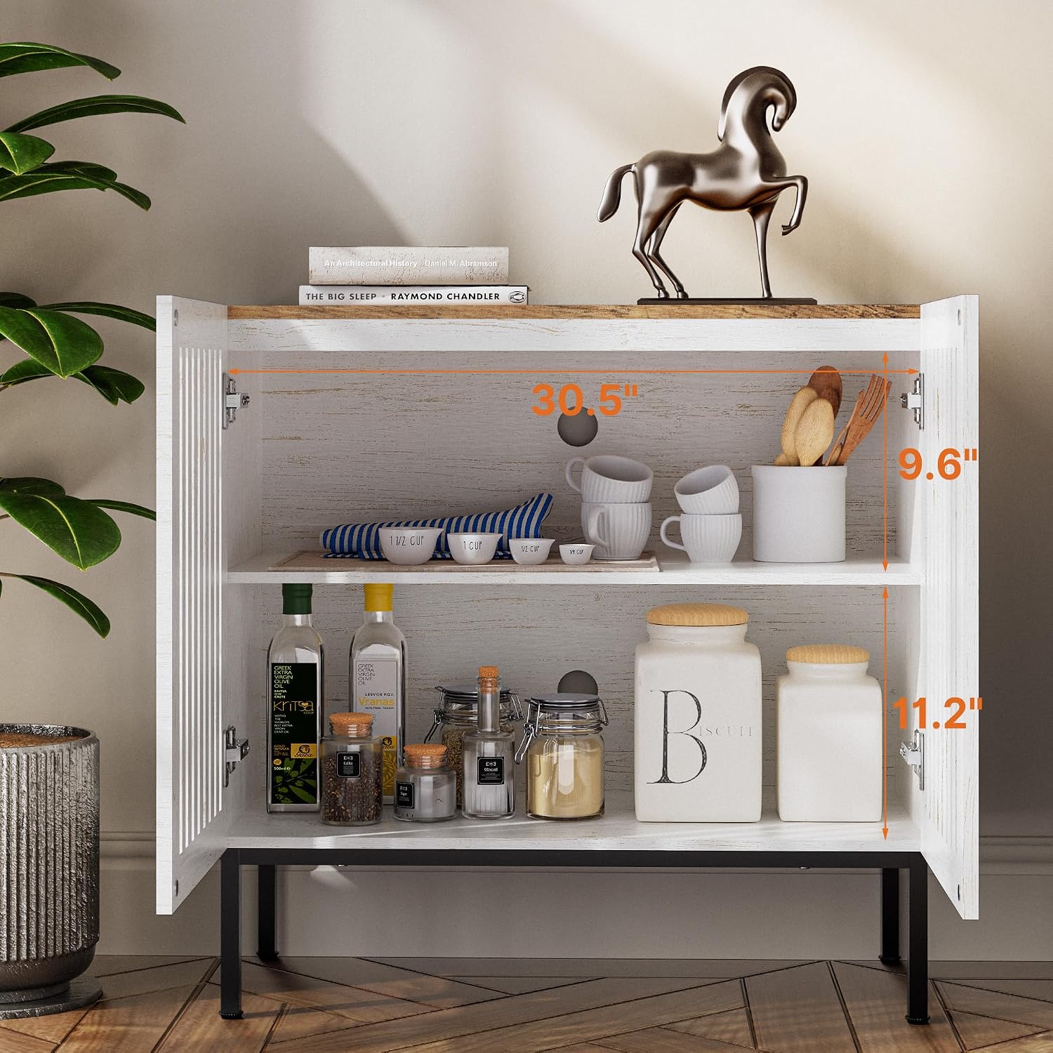 BVIUNTWO 31.5' Farmhouse Buffet Cabinet with Metal Base, Adjustable Shelf & 2 Doors, Antique White Storage Sideboard for Kitchen, Dining & Living Room