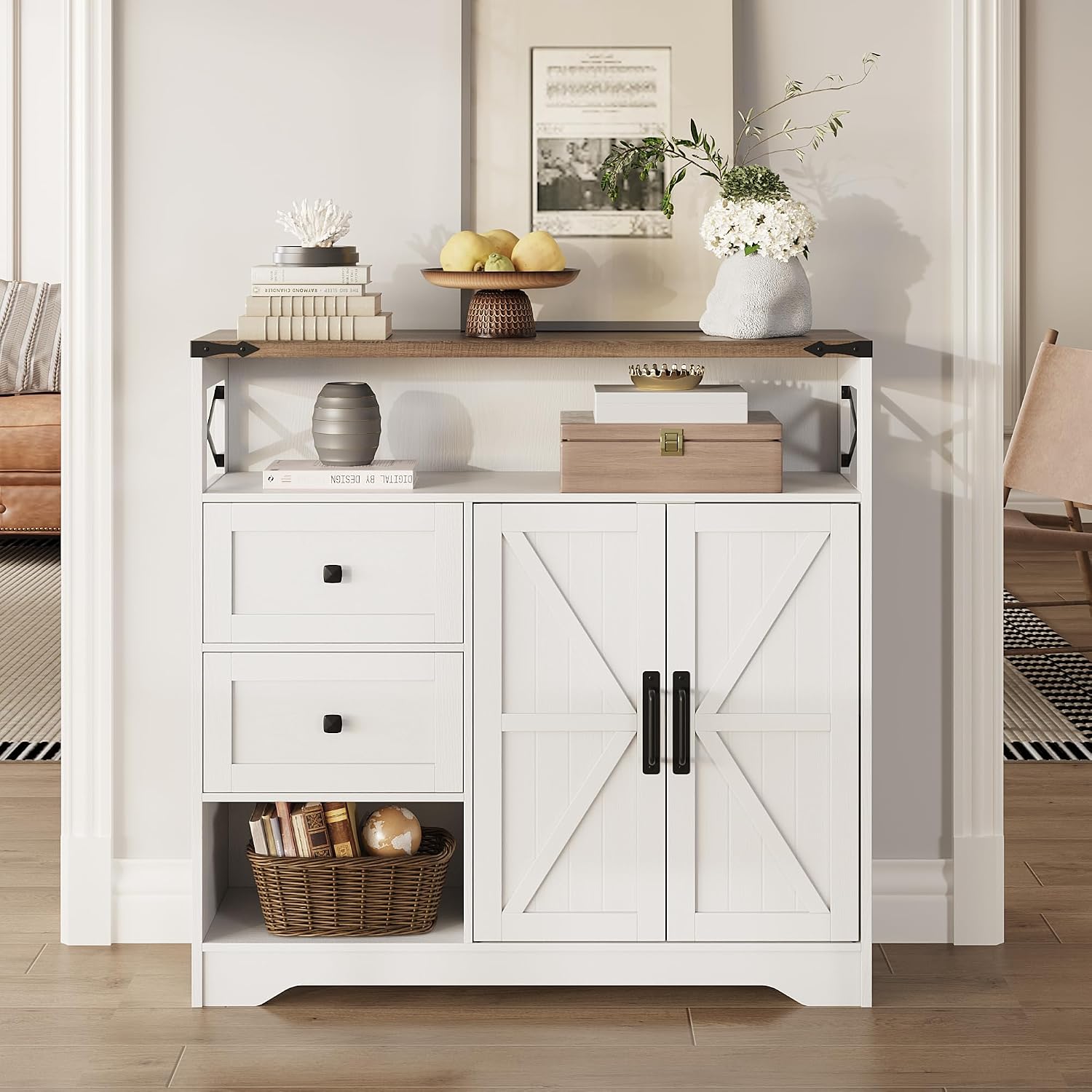 Fameill Farmhouse Storage Cabinet with Drawers and Open Storage,Freestanding Kitchen Pantry with 2 Barn Doors, Floor Cabinet with Adjustable Shelf for Living Room,White