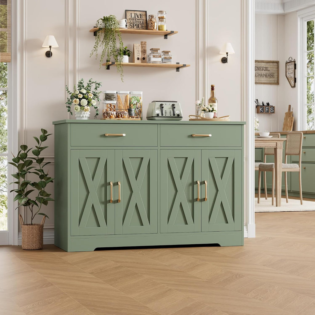 HOSTACK Buffet Cabinet with Storage, 47.2' Kitchen Sideboard Buffet with Drawers, Modern Farmhouse Coffee Bar Station with Shelves, Barn Doors Storage Cabinet for Living Room, Green