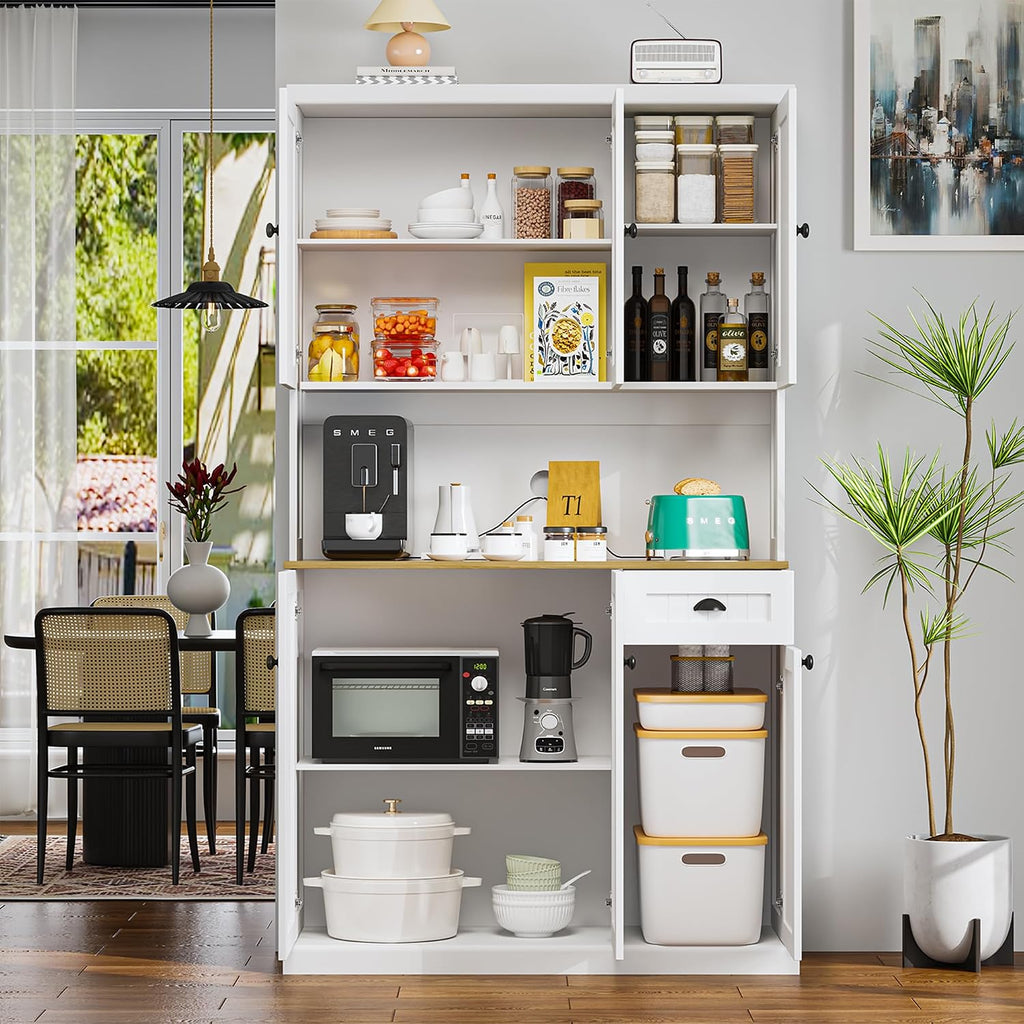 RASOO Buffet Hutch Cabinet Kitchen Sideboard Pantry Cabinet Wood Kitchenware Server Kitchen Storage Microwave Cabinet with 3 Doors Upstairs and 3 Doors downstairs and 1 Drawer, White (R0086)