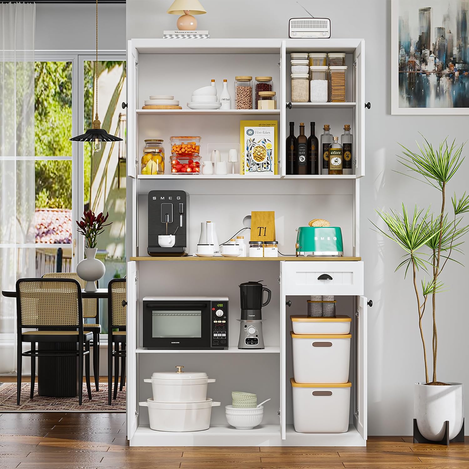 RASOO Buffet Hutch Cabinet Kitchen Sideboard Pantry Cabinet Wood Kitchenware Server Kitchen Storage Microwave Cabinet with 3 Doors Upstairs and 3 Doors downstairs and 1 Drawer, White (R0086)