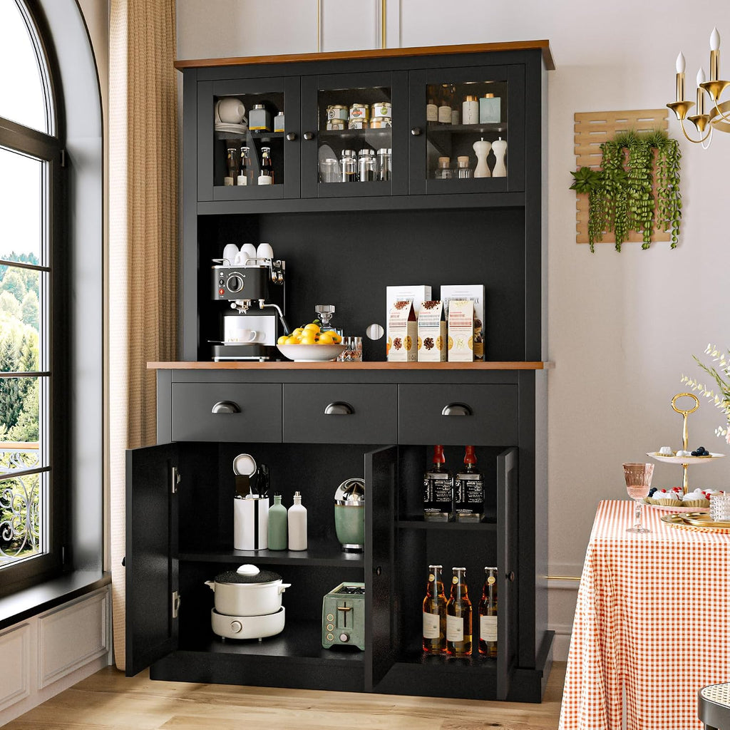 MU 71' Kitchen Pantry Cabinet with Charging Station, Tall Pantry Hutch with Drawers, Countertop & Microwave Shelf, Food Storage Cabinet for Dining Room & Coffee Bar, Black