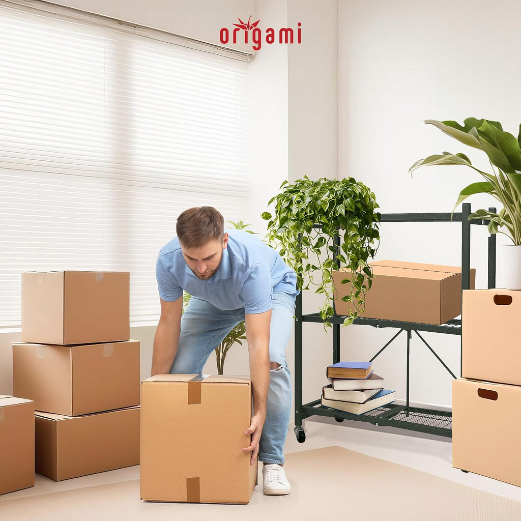 Origami 2 Pack 3 Tier Folding Shelves, Storage Shelving Rack Unit with Wheels, Pewter