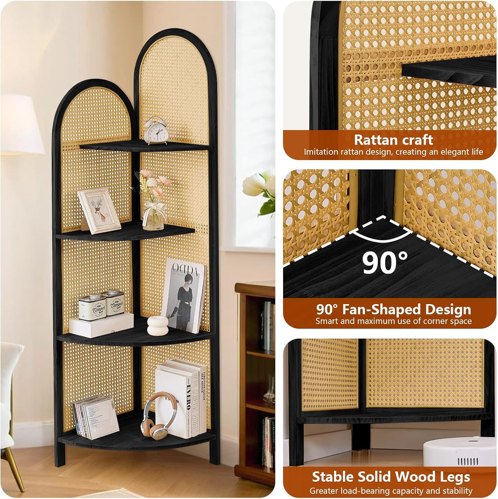 Corner Shelf Stand 4-Tier 70' Solid Wood Frame with Rattan Corner Shelves Display Shelf Wall Corner Bookshelf Multi Unit Organizer Rack with Legs for Living Room Decor,Small Space, Black