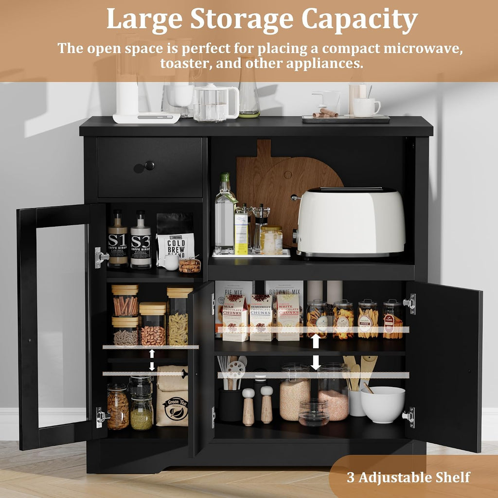 Senfot Kitchen Microwave Cabinet with Storage and Drawers, Modern Small Buffet Cabinet with Glass Doors and Adjustable Shelf, Wooden Sideboard with Wide Top for Dining Room, Living Room, Black