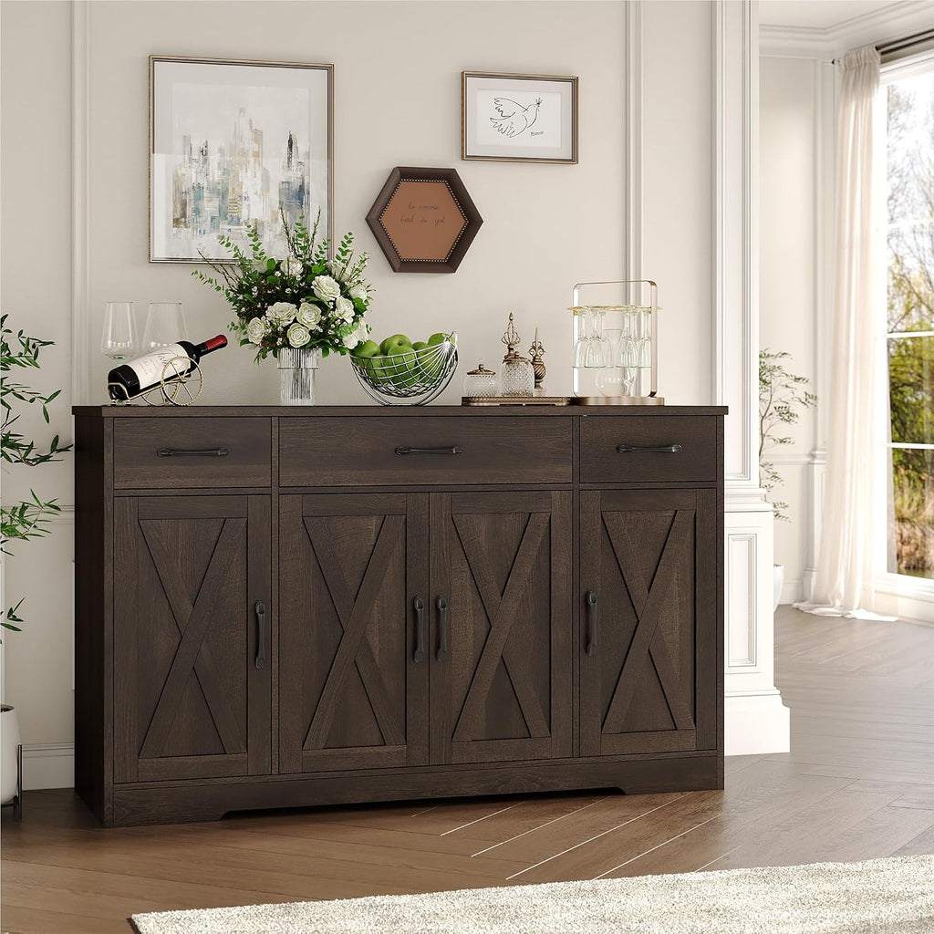 HOSTACK Buffet Cabinet with Drawers, 55' Large Sideboard Buffet Storage Cabinet with Shelves and Doors, Modern Farmhouse Coffee Bar Station Wood Kitchen Table for Kitchen, Dining Room, Dark Brown