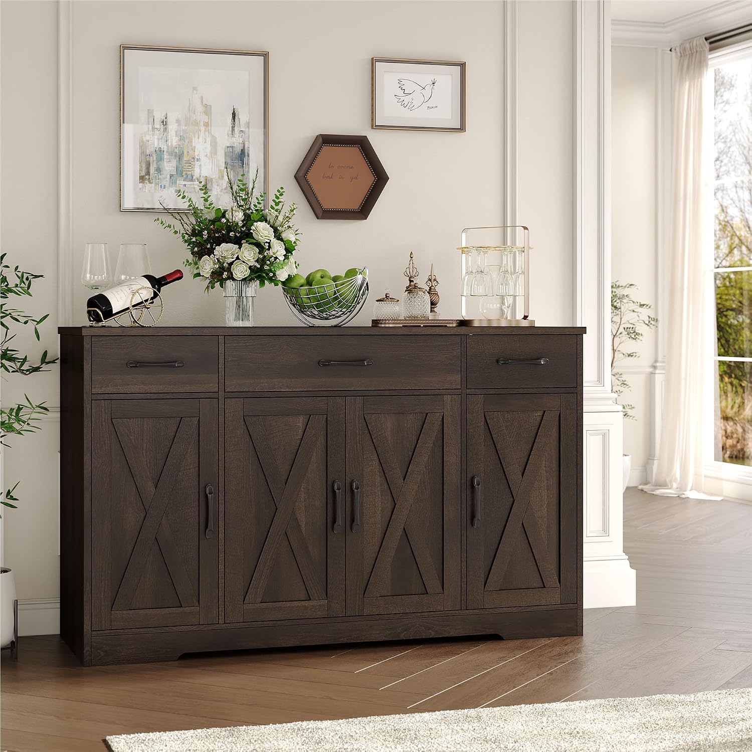 HOSTACK Buffet Cabinet with Drawers, 55' Large Sideboard Buffet Storage Cabinet with Shelves and Doors, Modern Farmhouse Coffee Bar Station Wood Kitchen Table for Kitchen, Dining Room, Dark Brown