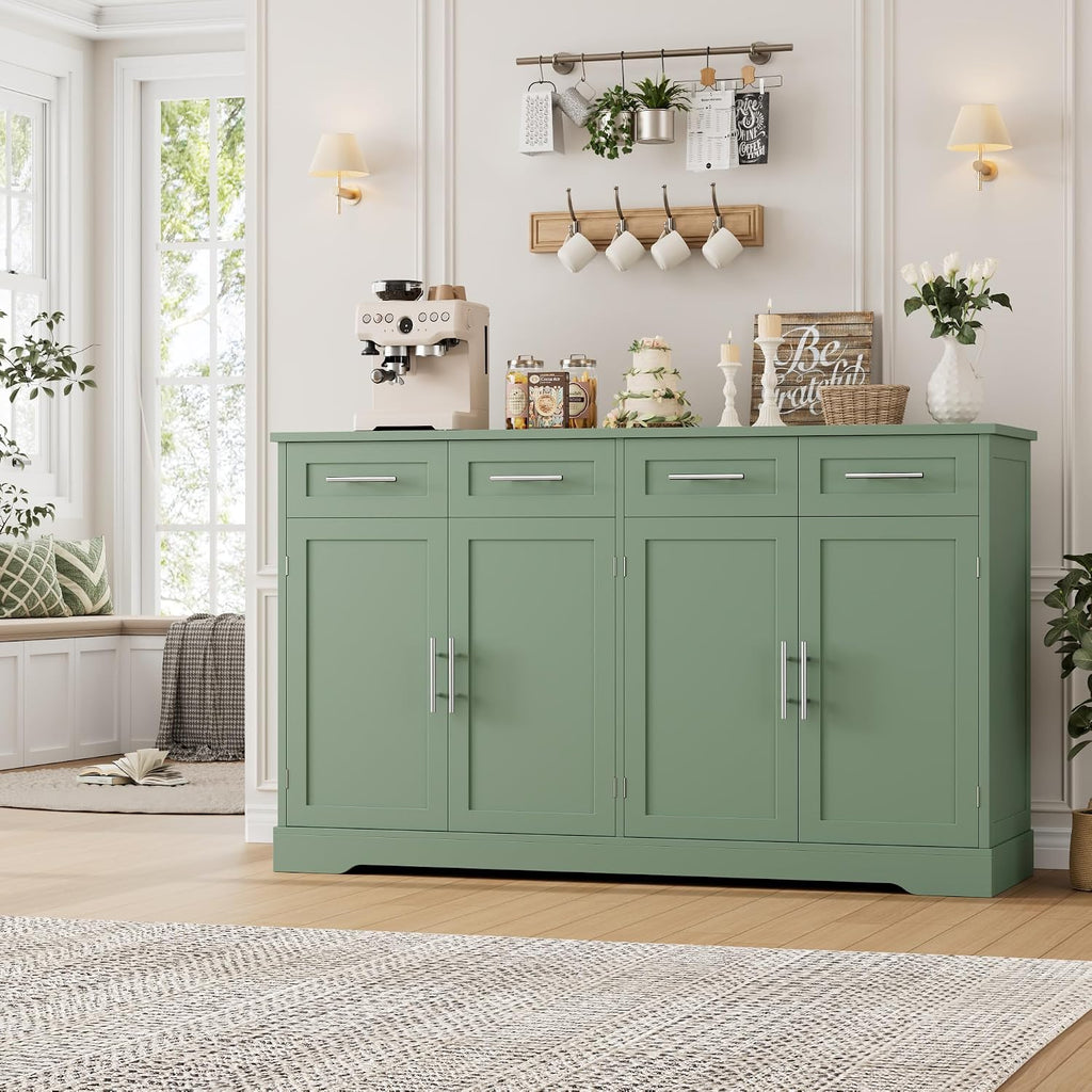 HOSTACK 60' Large Buffet Sideboard with Storage, 36' Tall Kitchen Buffet Storage Cabinet with 4 Drawers, Modern Coffee Bar Cabinet with Silver Handles, Long Sideboard Buffet Table for Kichen, Green