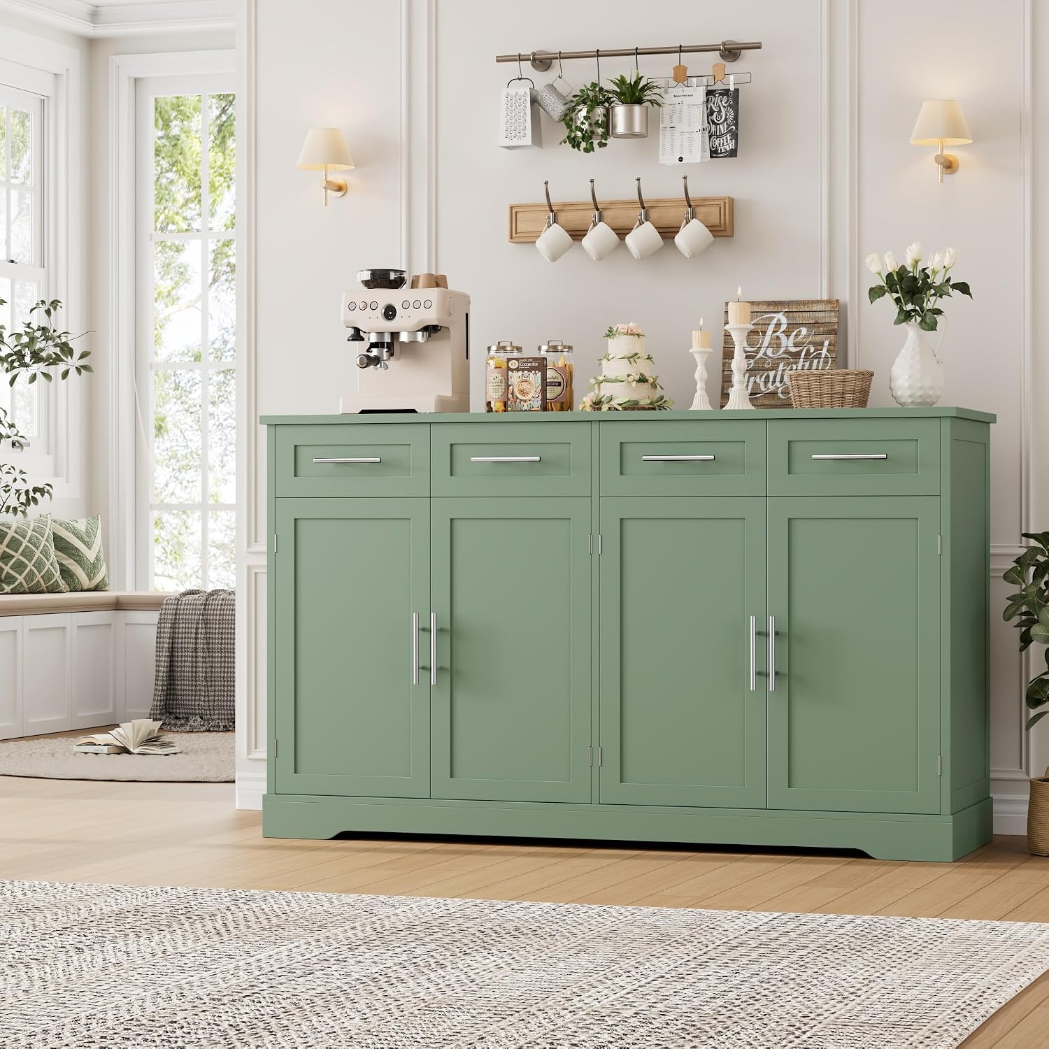 HOSTACK 60' Large Buffet Sideboard with Storage, 36' Tall Kitchen Buffet Storage Cabinet with 4 Drawers, Modern Coffee Bar Cabinet with Silver Handles, Long Sideboard Buffet Table for Kichen, Green
