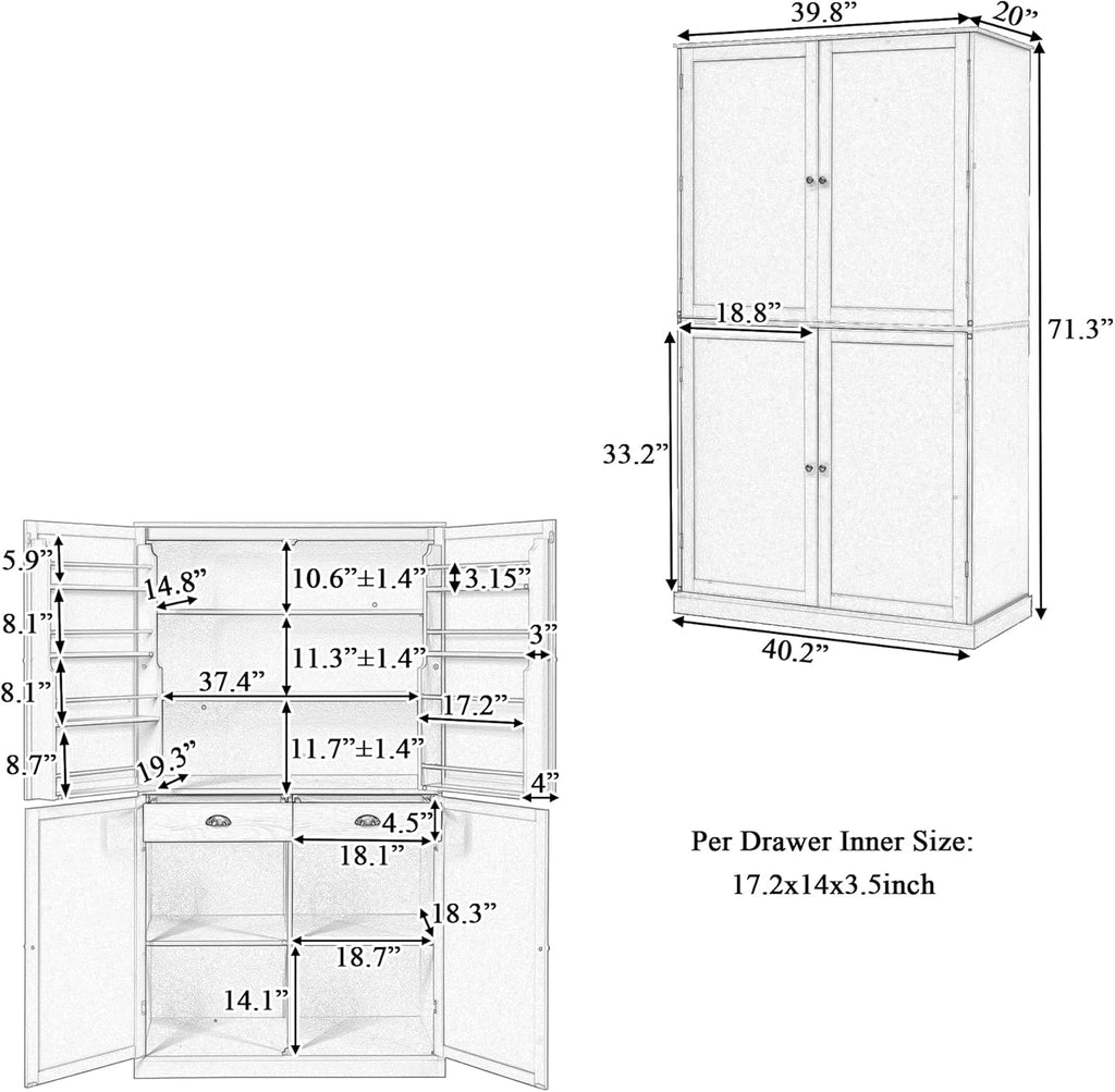 Ball & Cast 71.3' Freestanding Kitchen Pantry with 2 Built-in Drawers and Adjustable Shelves,Storage Cupboard Cabinet with 8 Door Shelves,for Kitchen,Dining Room,Living Room,Apartment,Gray