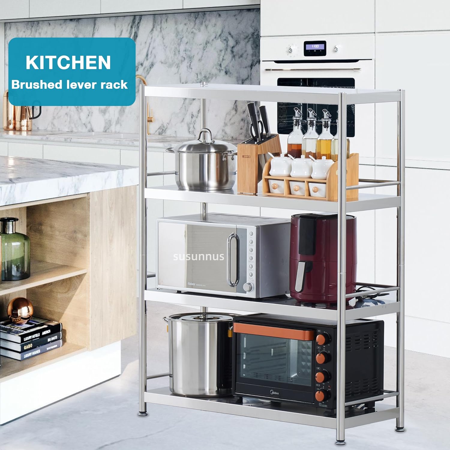 susunnus 5 Tier Industrial Storage Rack for Kitchen Garage,23.6in Wide Heavy Duty Shelving Unit,Stainless Steel Shelves, Steel Rack Shelving Unit for Home and Workshop(23.6in 5T-with Guardrails)