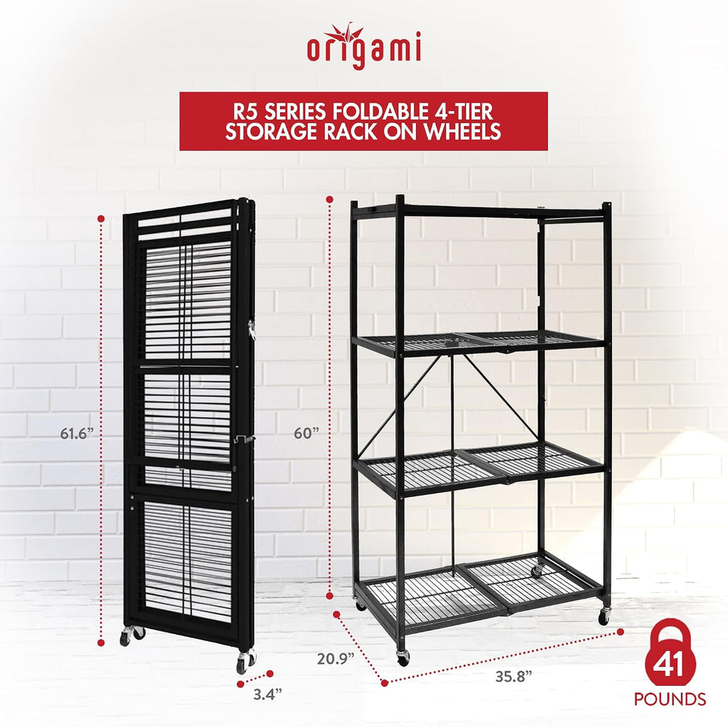 Origami 3 Pack 4 Tier Foldable Metal Garage Storage Shelf Rack, Wheels & Powder Coated Steel, Black