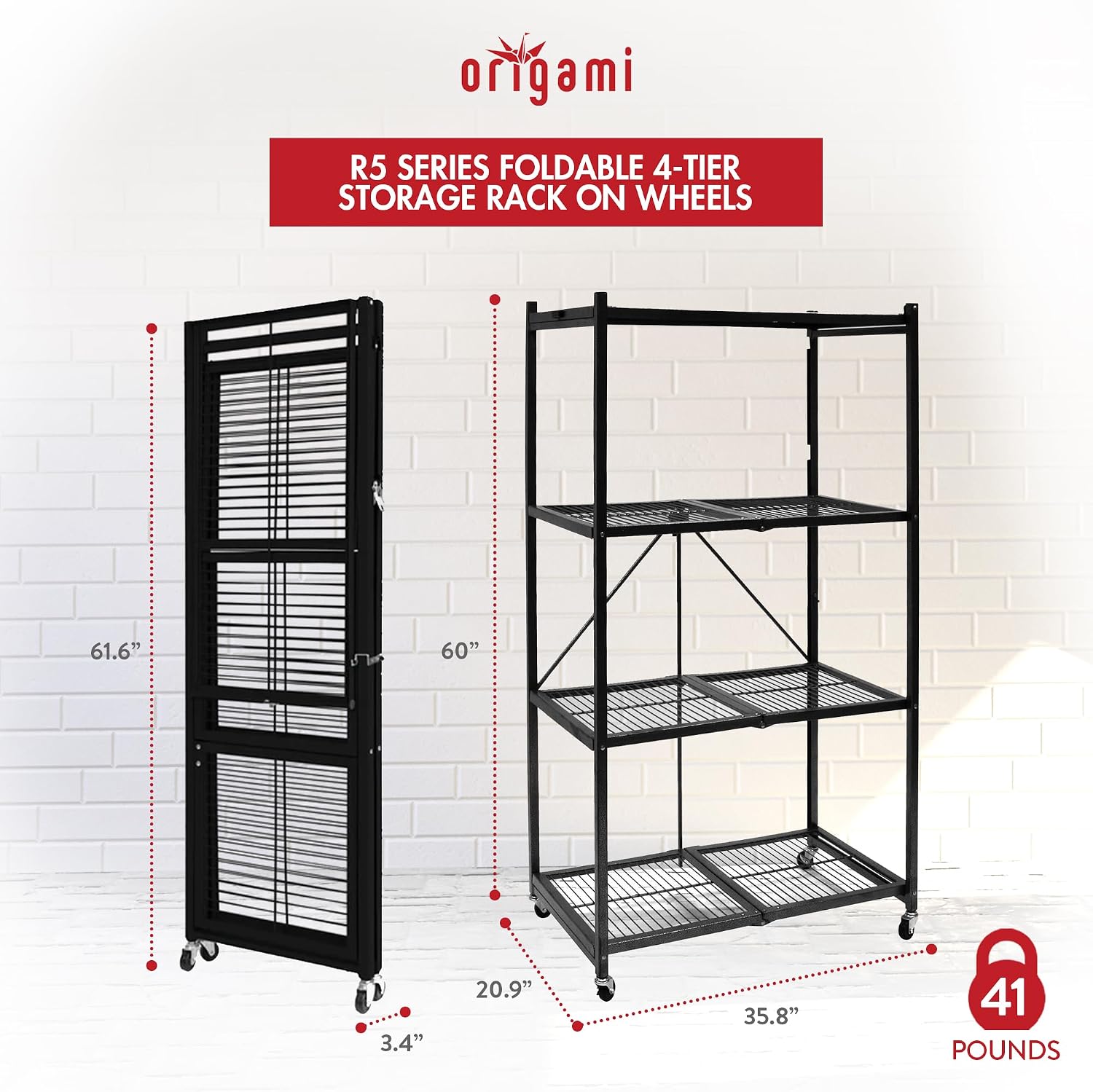 Origami 3 Pack 4 Tier Foldable Metal Garage Storage Shelf Rack, Wheels & Powder Coated Steel, Black
