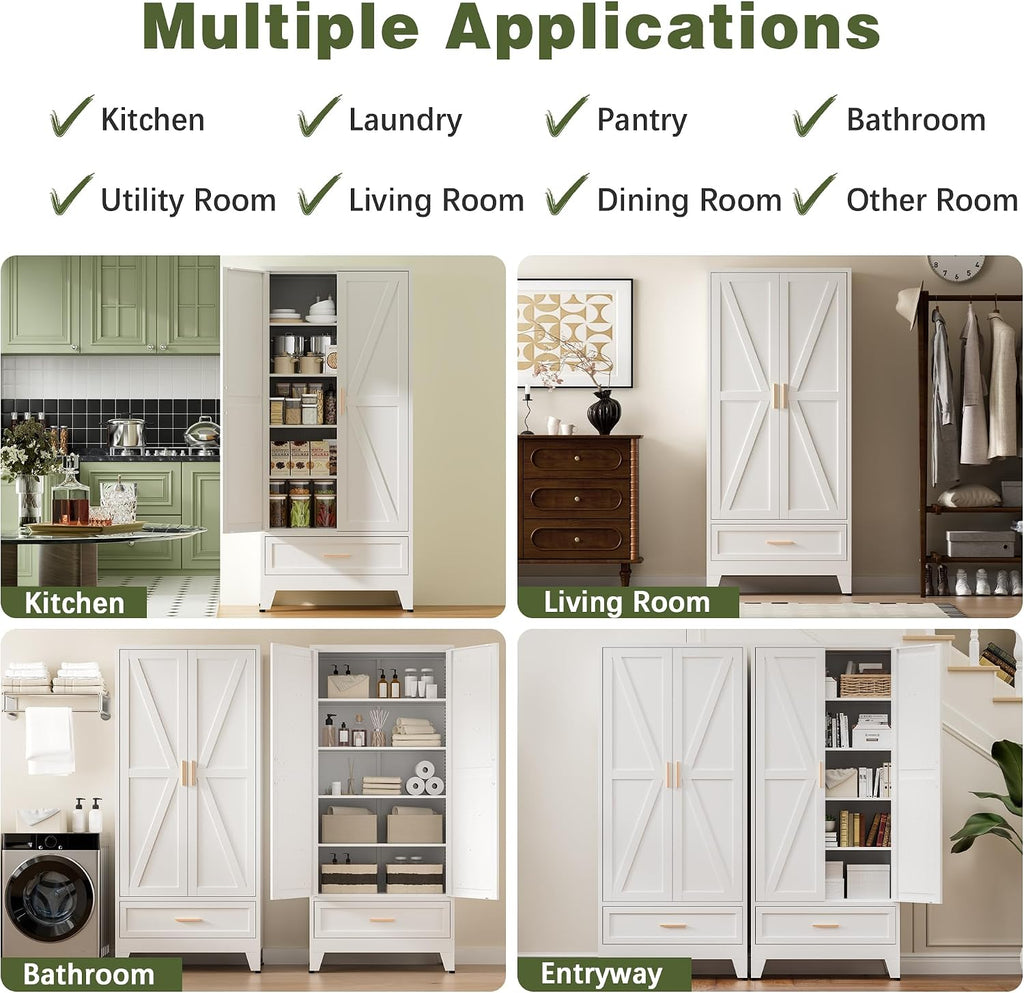 COFaR Metal Storage Cabinet, Farmhouse Storage Cabinet with 2 Doors and 4 Adjustable Shelves - 71' White Kitchen Pantry Storage 5-Tier Tall Steel Cabinets Locker for Kitchen, Living Room, Dining Room