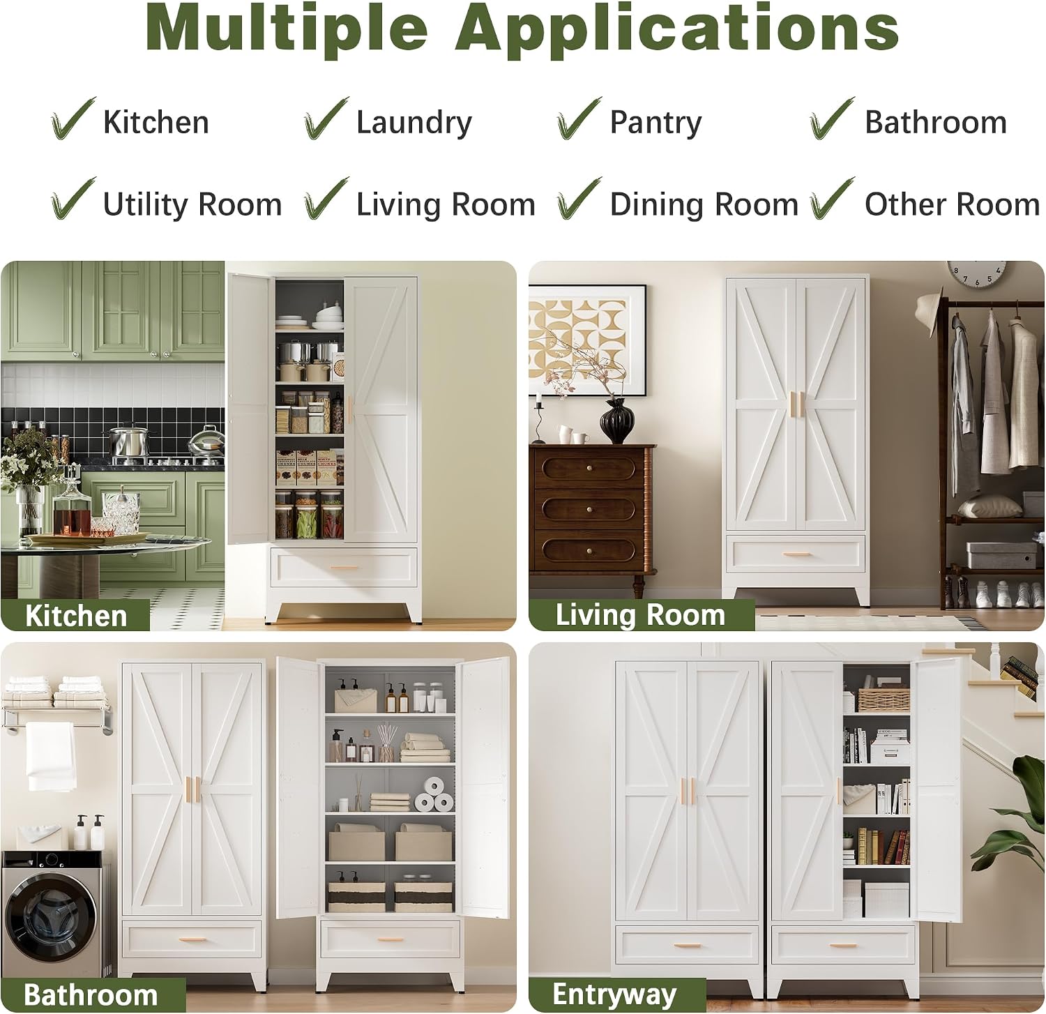COFaR Metal Storage Cabinet, Farmhouse Storage Cabinet with 2 Doors and 4 Adjustable Shelves - 71' White Kitchen Pantry Storage 5-Tier Tall Steel Cabinets Locker for Kitchen, Living Room, Dining Room
