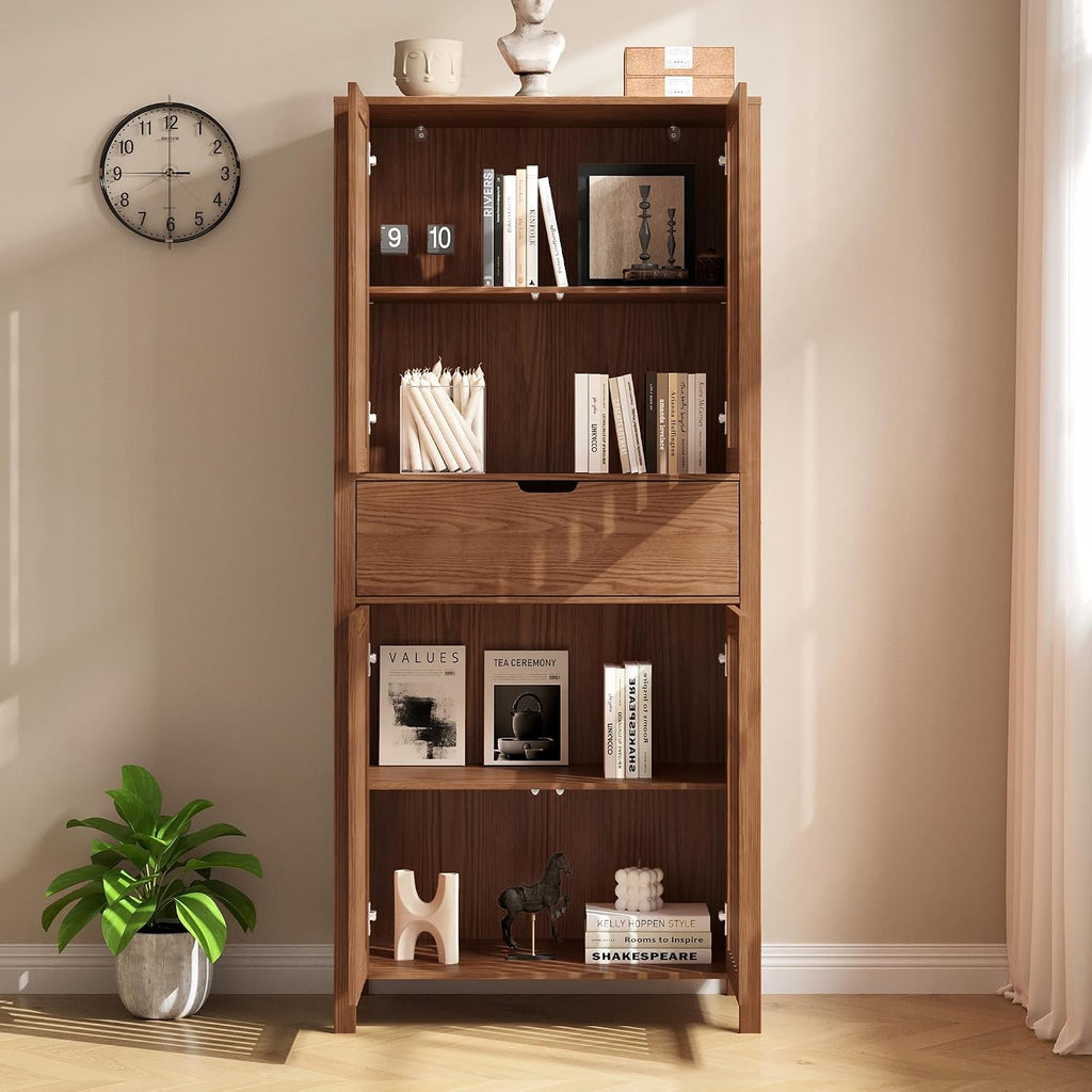 BVIUNTWO 69' Tall Farmhouse Storage Cabinet with Drawer & Adjustable Shelves, Grille Door Organizer Unit, Anti-Tip Design for Bathroom, Kitchen, Living Room, Rustic Brown