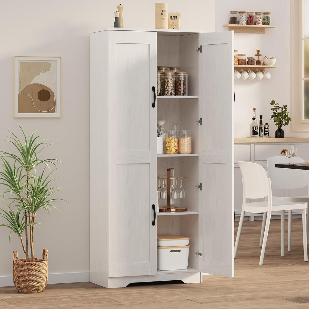 IDEALHOUSE Tall Pantry Cabinet, 60' Kitchen Pantry Storage Cabinet with 2 Doors and Adjustable Shelves, Freestanding Kitchen Cabinet, Cupboard for Dining Room, Bathroom (White)