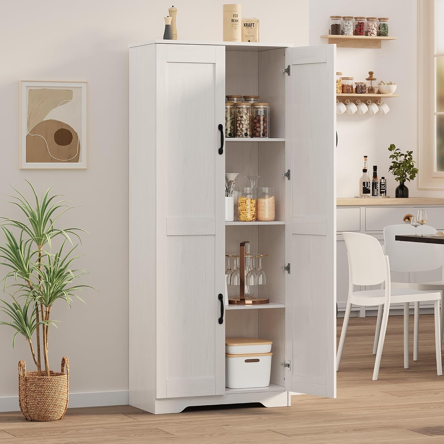 IDEALHOUSE Tall Pantry Cabinet, 60' Kitchen Pantry Storage Cabinet with 2 Doors and Adjustable Shelves, Freestanding Kitchen Cabinet, Cupboard for Dining Room, Bathroom (White)