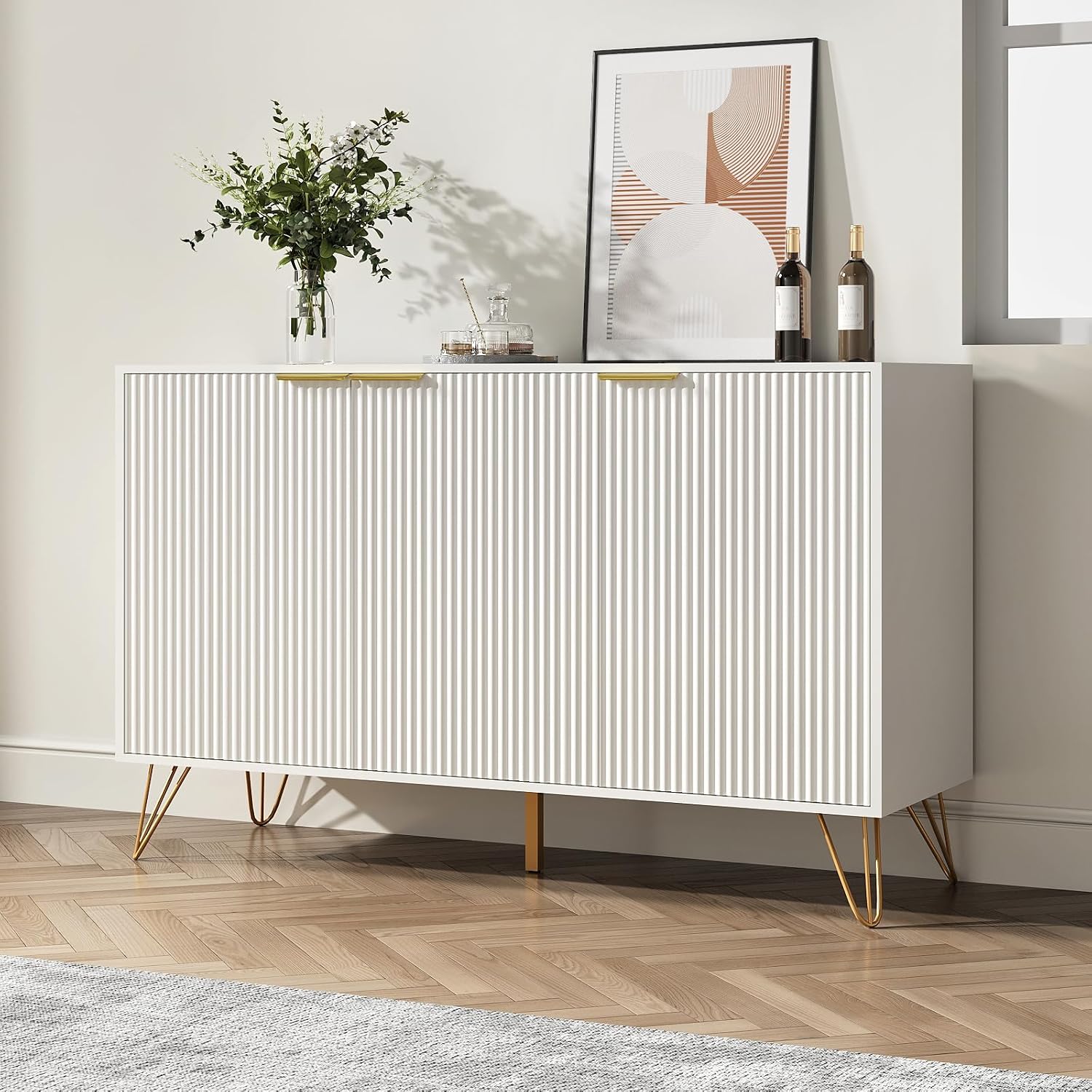 Storage Cabinet with 3 Doors, Buffet Cabinet with Storage, Sideboard Coffee Bar Cabinet with Metal Legs and Adjustable Shelf for Kitchen, Dining Room, Living Room, Office, White
