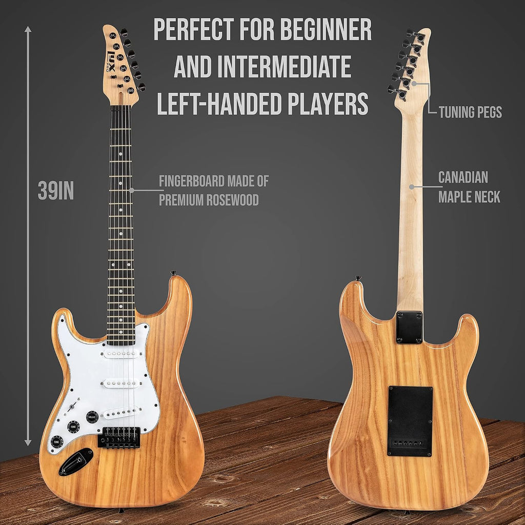 LyxPro Left Hand 39 Inch Electric Guitar and Starter Kit for Lefty Full Size Beginner's Guitar, Amp, Six Strings, Two Picks, Shoulder Strap, Digital Clip On Tuner, Cable and Soft Case - Natural