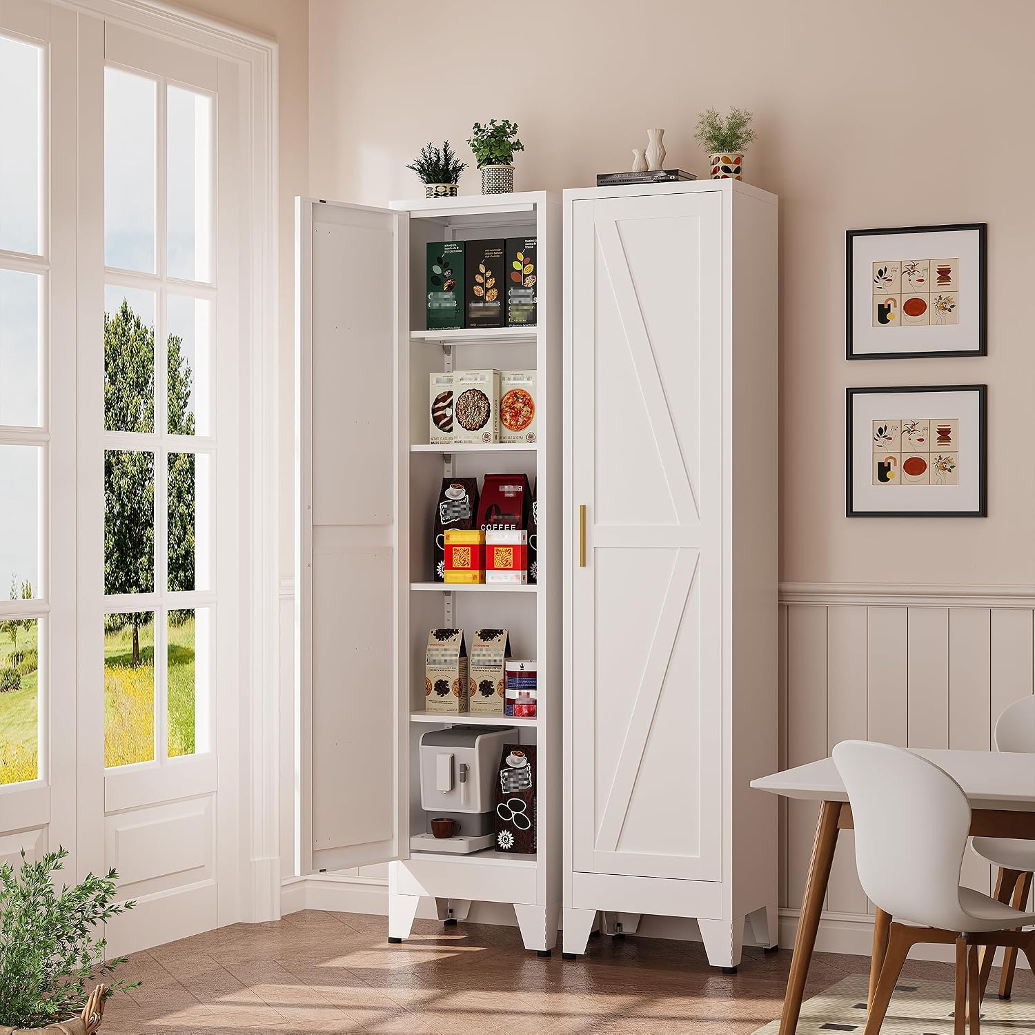 Narrow Bthroom Storage Cabinet Tall Metal Storage Cbinets with 4 Adjustable Shelves Freestanding 5 Tier Slim Pantry Cabinet for Kitchen Office Small Space